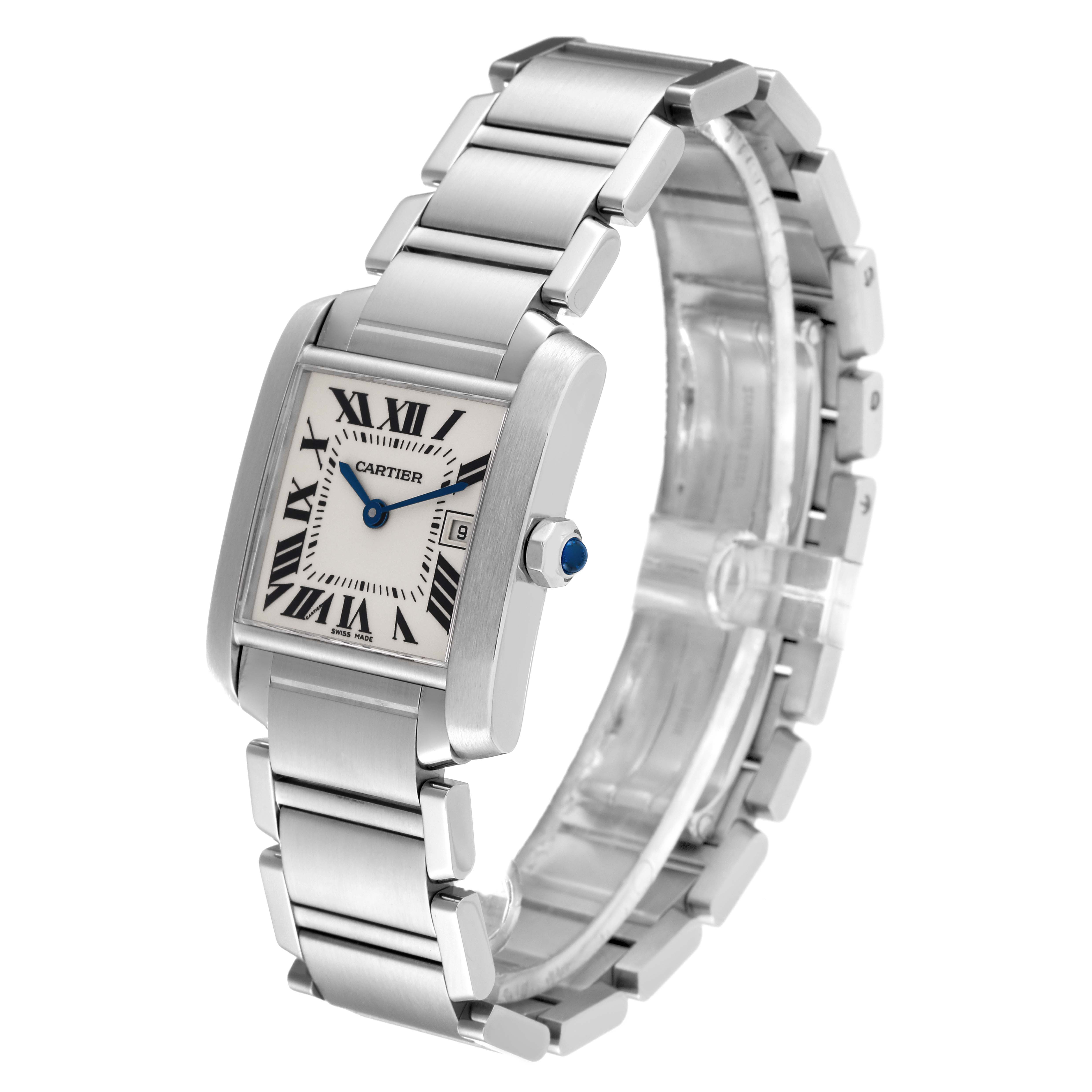 The Cartier Tank Francaise W51011Q3 Women
s Stainless Steel Silver Dial W51011Q3 Women
s Stainless Steel Silver Dial watch is shown at an angled view, displaying the face, bezel, and stainless steel bracelet.