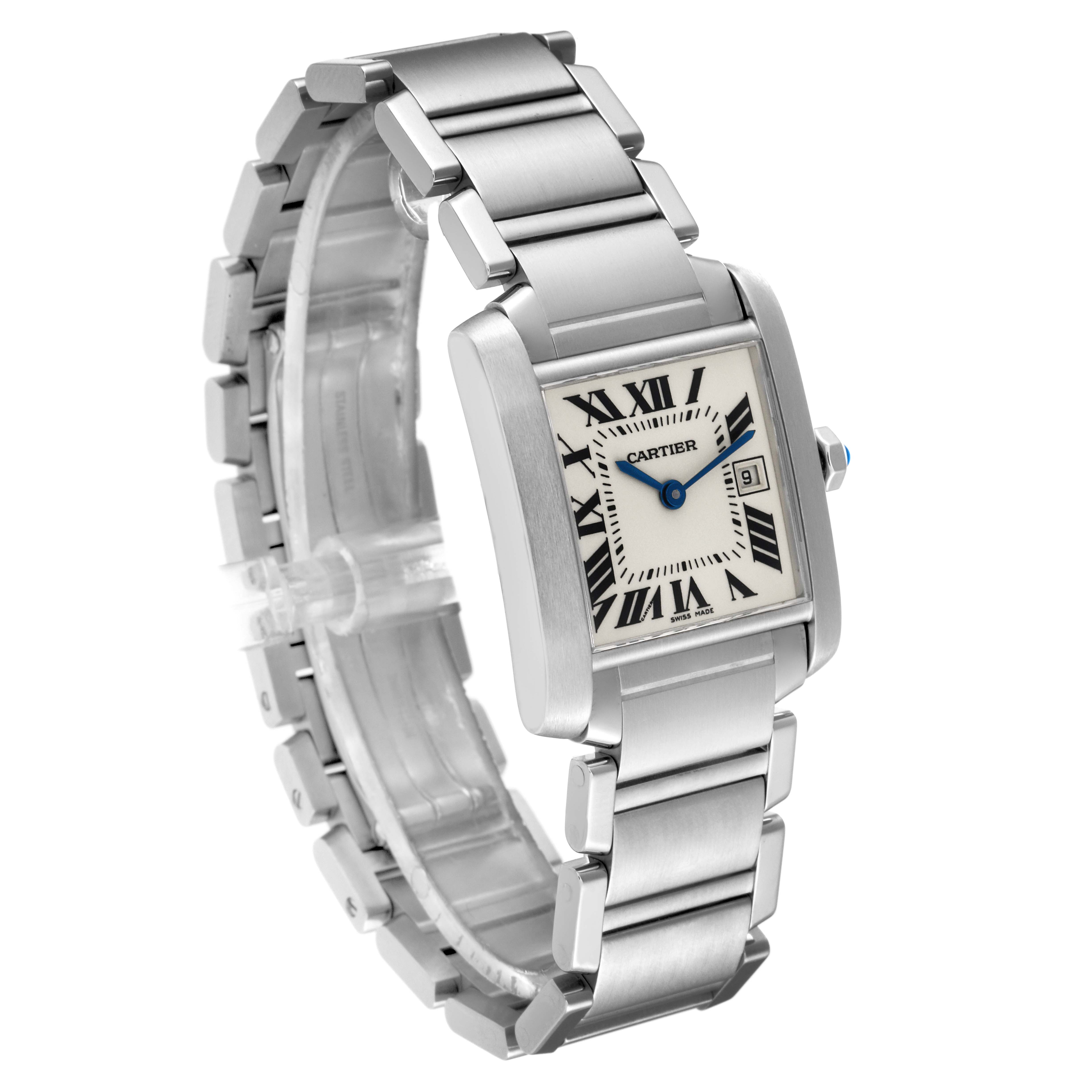 The Cartier Tank Francaise W51011Q3 Women
s Stainless Steel Silver Dial W51011Q3 Women
s Stainless Steel Silver Dial watch is shown at a three-quarter angle, displaying the dial, bracelet, and side profile.