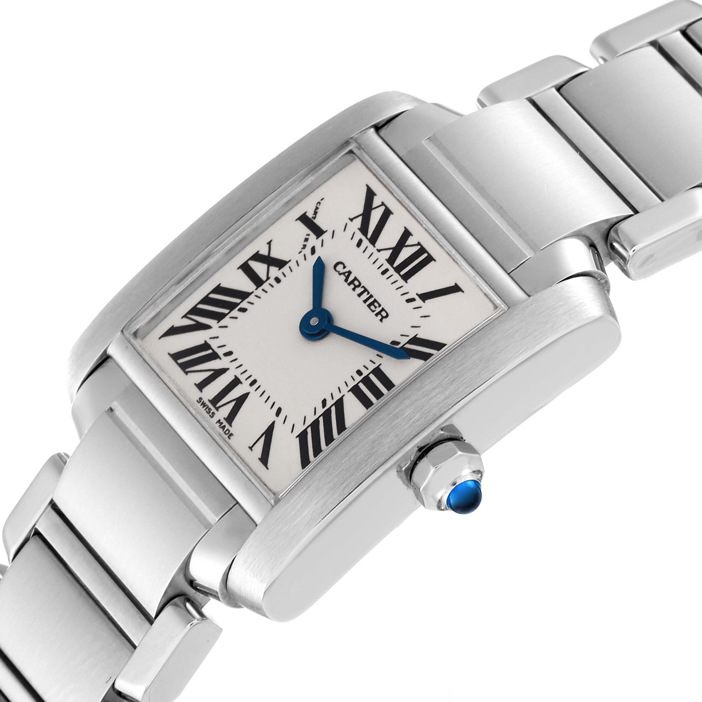 The image shows a close-up of a Cartier Tank Française watch at an angle, highlighting its face, bracelet, and crown.