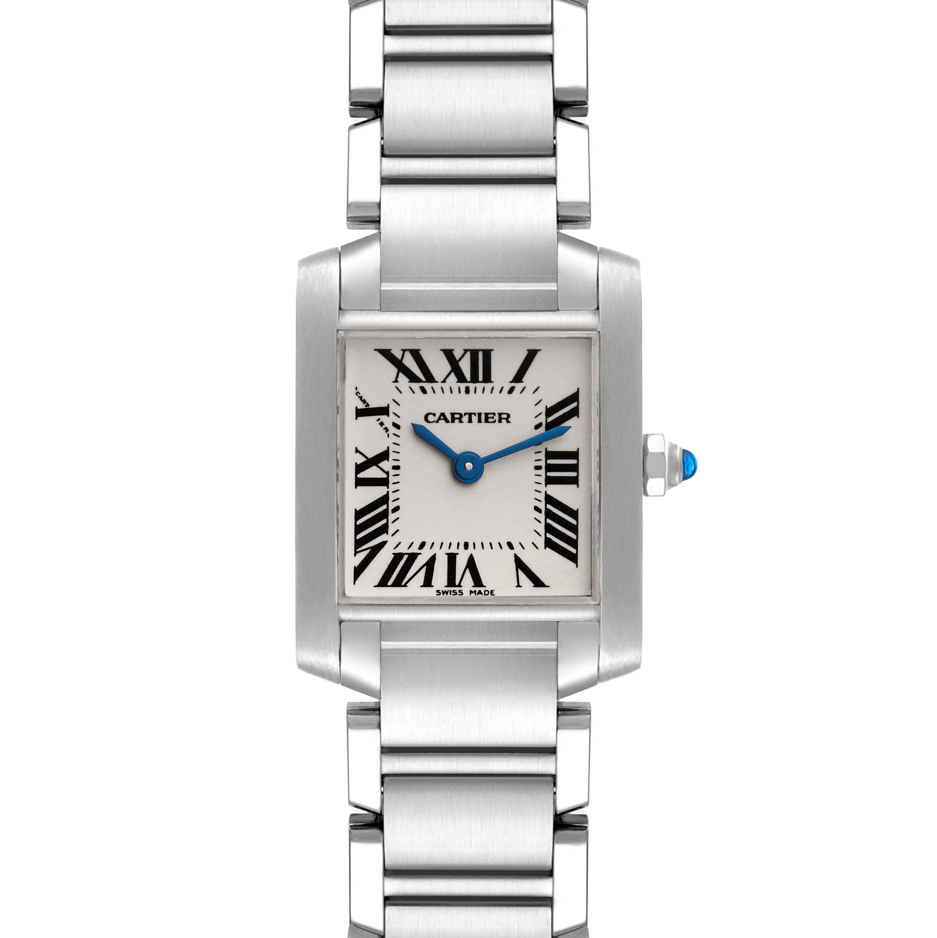 The image shows a frontal view of a Cartier Tank Francaise W51008Q3 Women
s Stainless Steel Silver Dial W51008Q3 Women
s Stainless Steel Silver Dial watch, highlighting its face, bracelet, and signature blue hands.