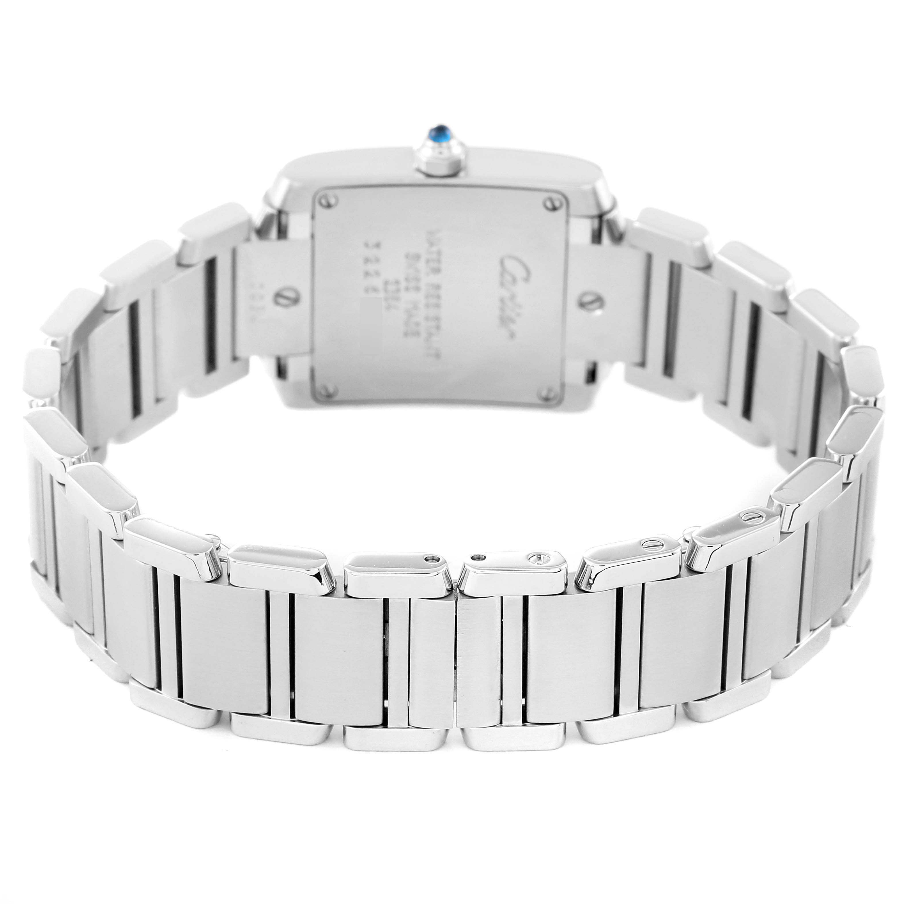 The image shows the back view of a Cartier Tank Francaise W51008Q3 Women
s Stainless Steel Silver Dial W51008Q3 Women
s Stainless Steel Silver Dial watch, highlighting its metal bracelet and case back.