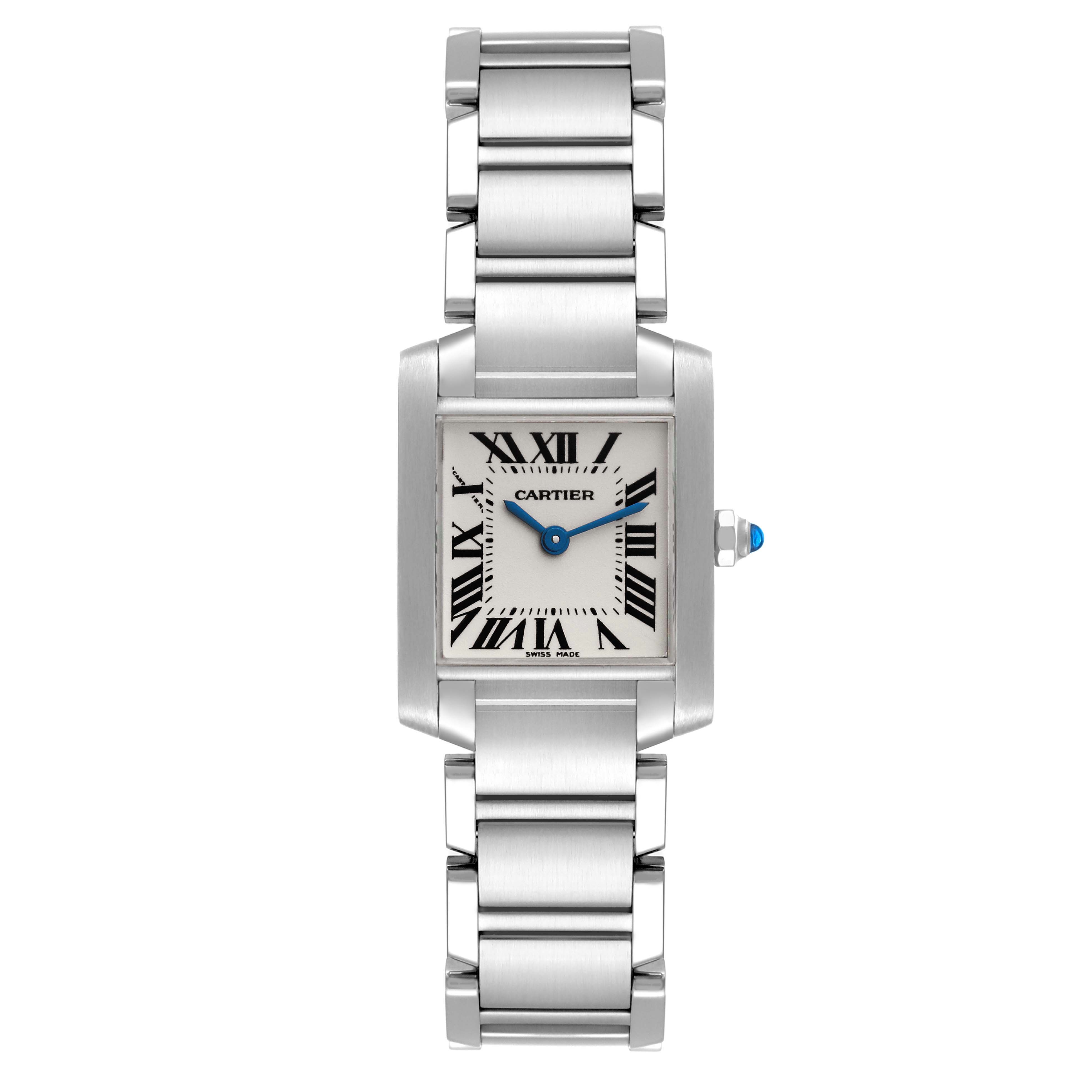 The image shows the Cartier Tank Francaise W51008Q3 Women
s Stainless Steel Silver Dial W51008Q3 Women
s Stainless Steel Silver Dial watch from a front angle, displaying the dial, bracelet, and crown.