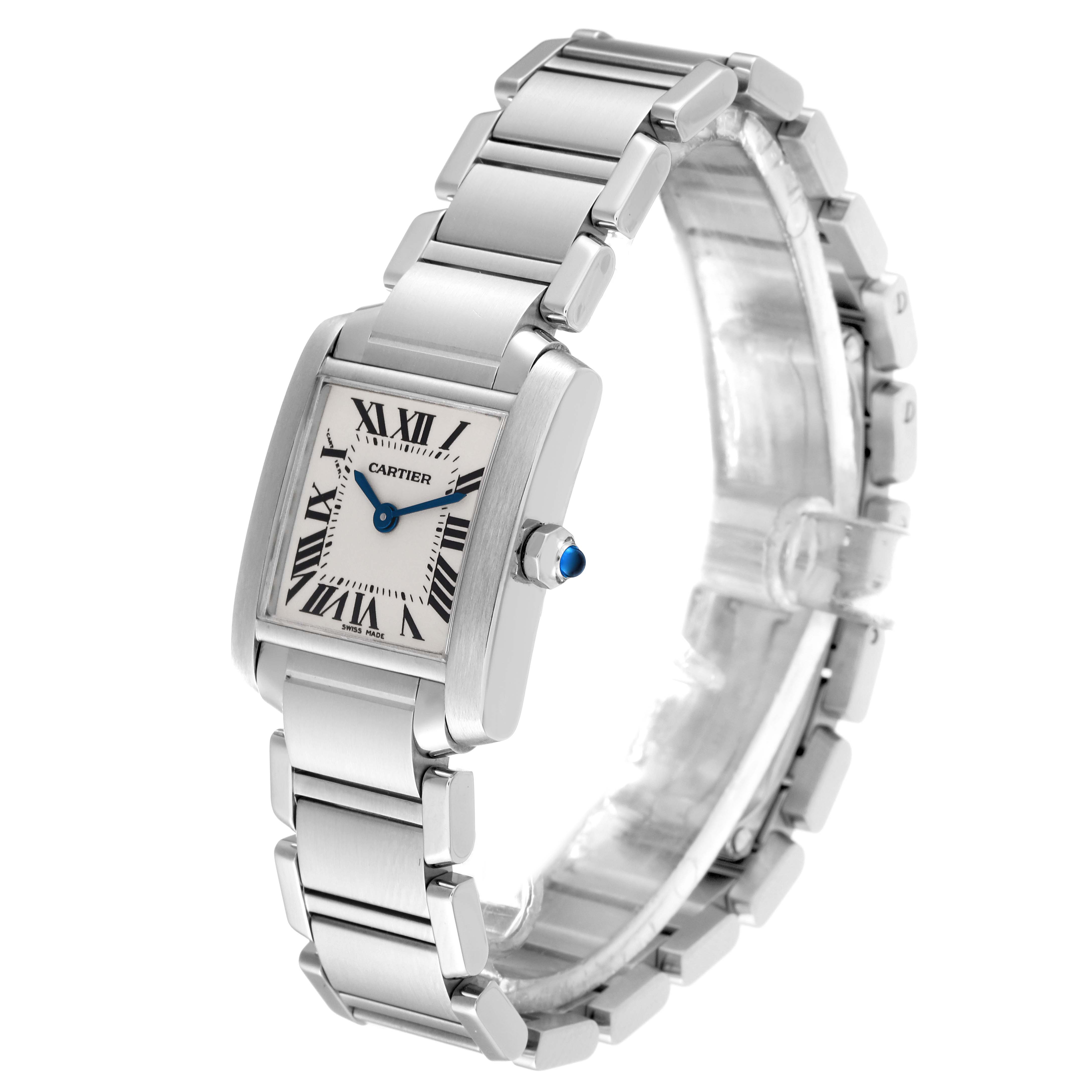The image shows a Tank Française watch by Cartier, angled slightly to the right, displaying the face, bracelet, and crown.