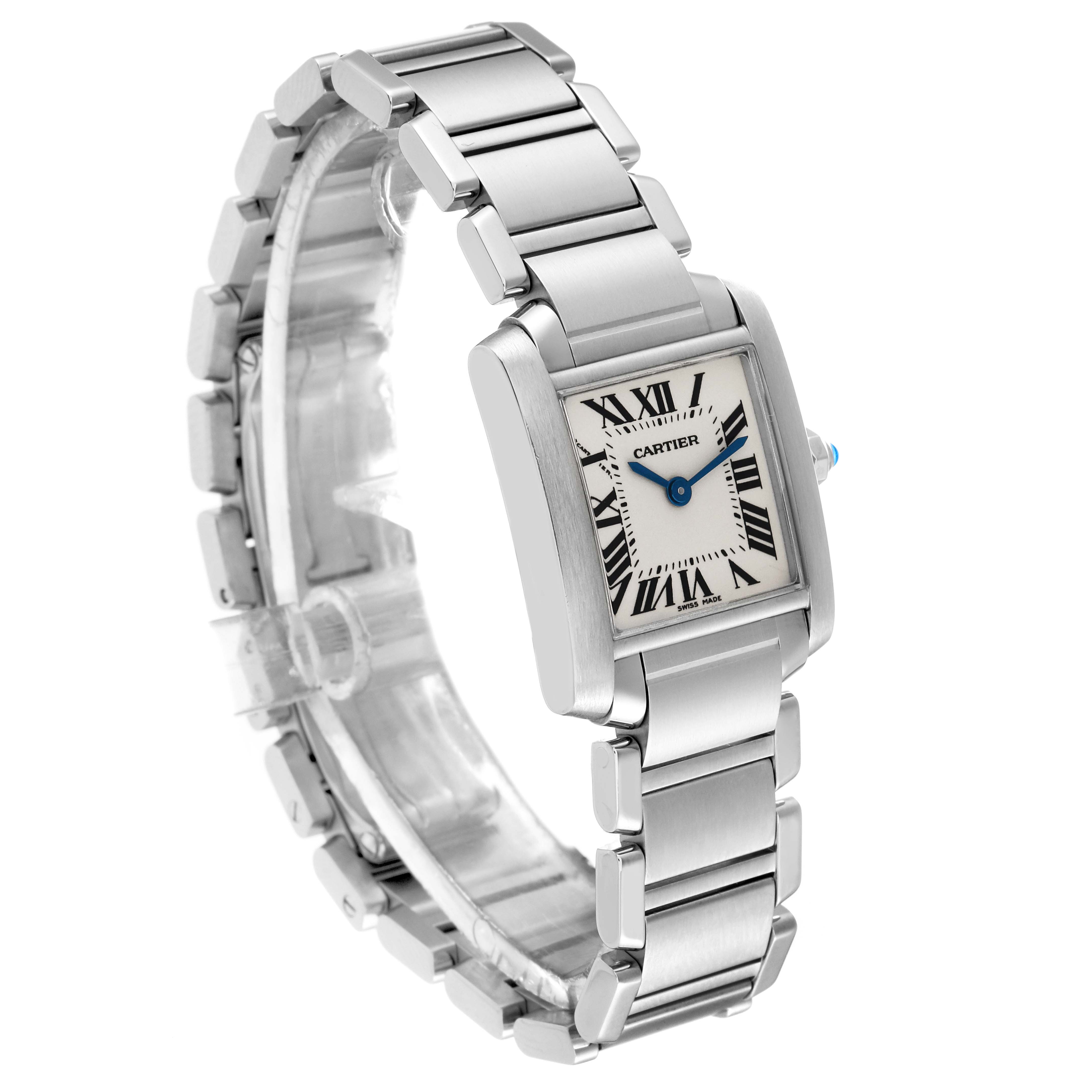 The image shows a Cartier Tank Francaise W51008Q3 Women
s Stainless Steel Silver Dial W51008Q3 Women
s Stainless Steel Silver Dial watch from a three-quarter angle, highlighting the face, bezel, and metal bracelet.