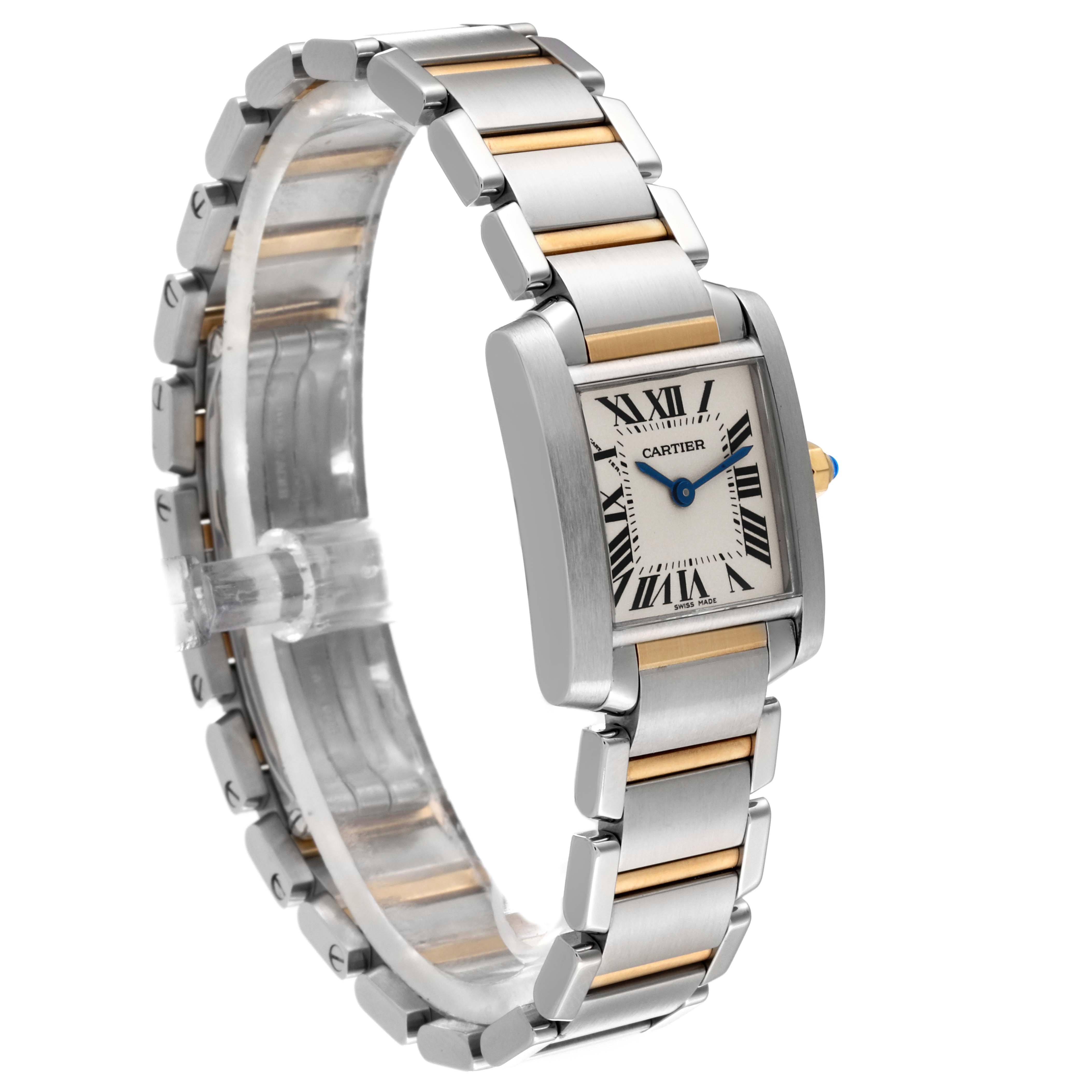 The Cartier Tank Française watch is shown at a slight angle, displaying the face, bezel, and bracelet.