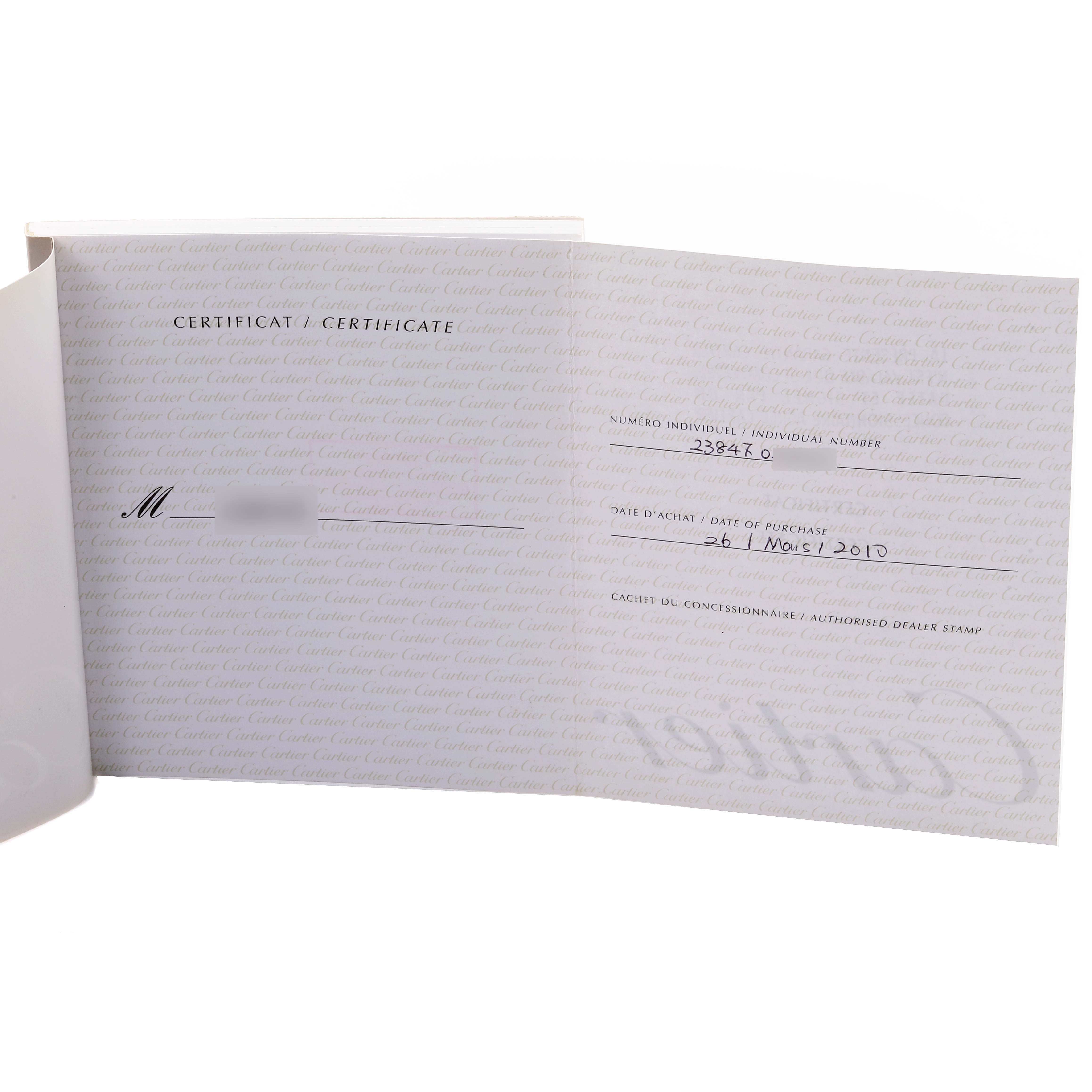 The image shows the certificate for a Cartier Tank Française watch, displaying purchase details and an individual number.