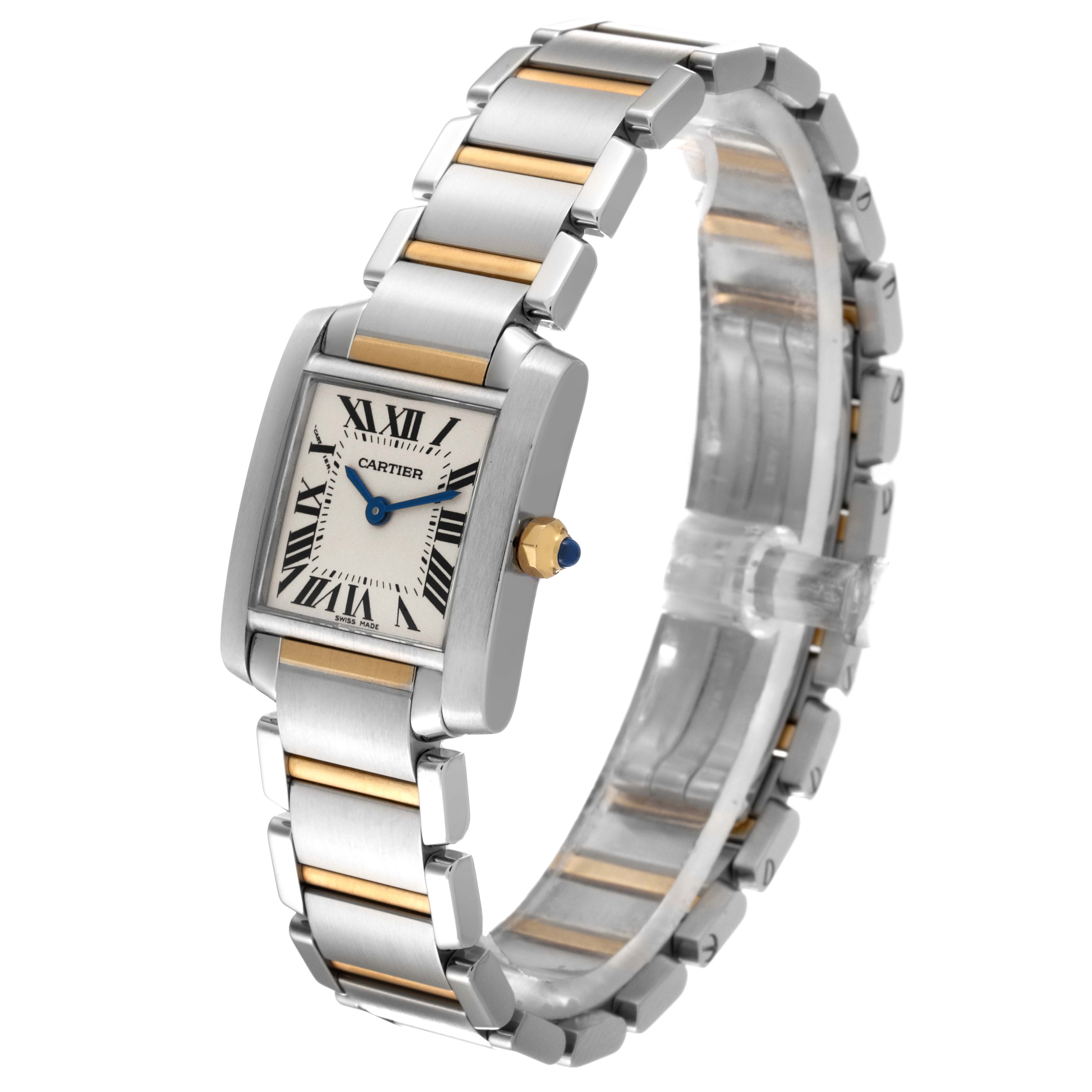 The Cartier Tank Française is shown at a three-quarter angle, highlighting the dial, crown, and two-tone bracelet.