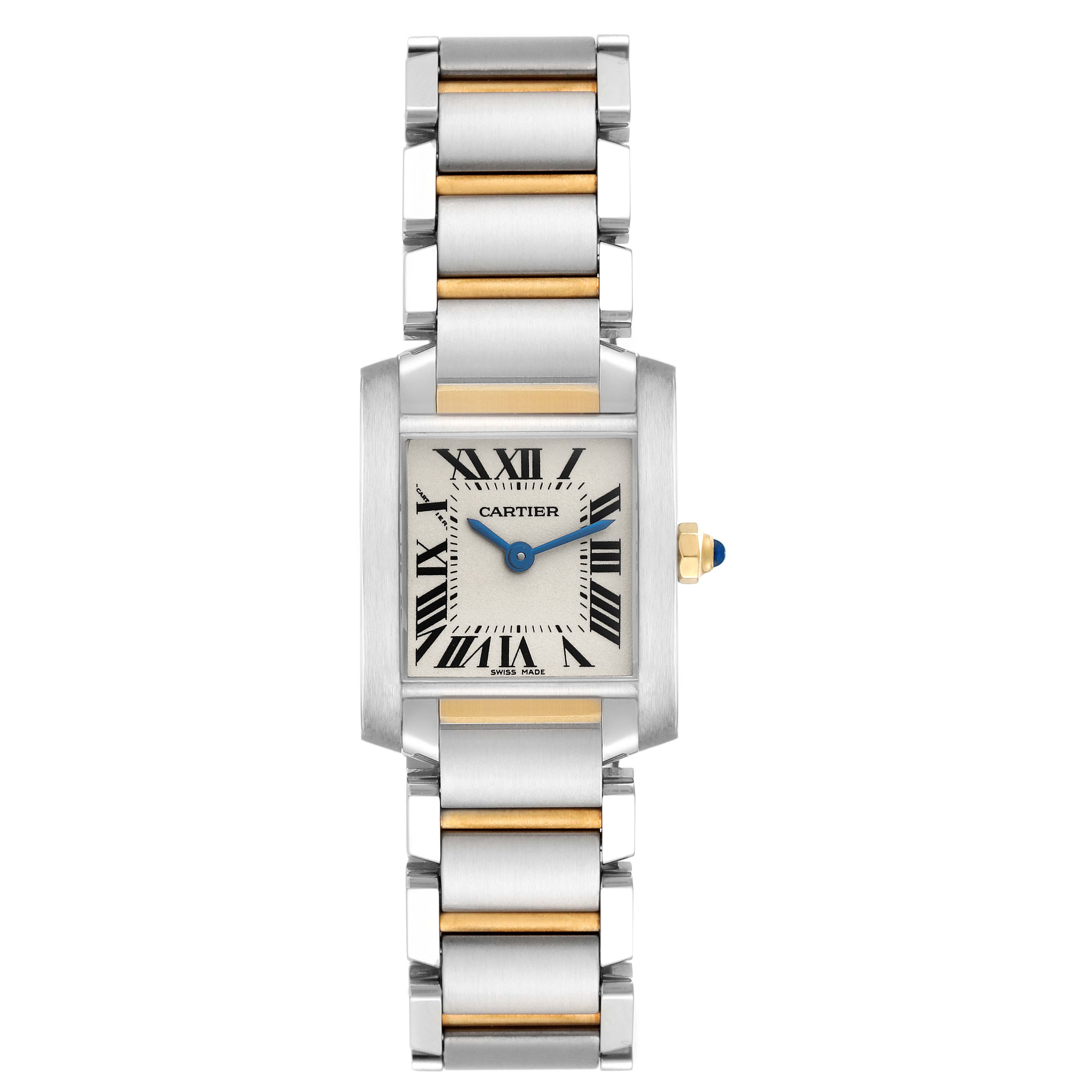 The Cartier Tank Française watch is shown from the front, displaying the face, dial, and bracelet.