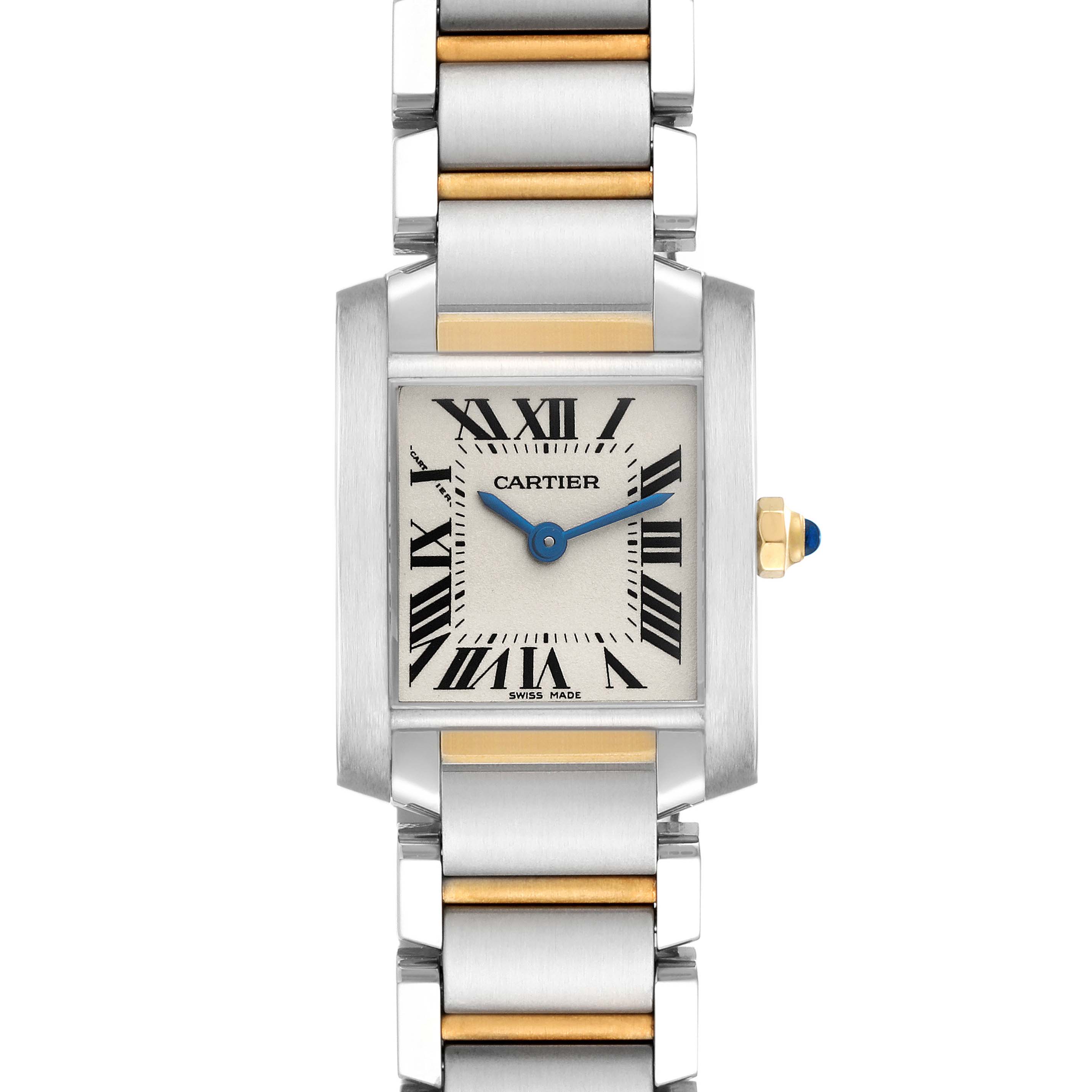 The Cartier Tank Francaise W51007Q4 Women's Steel and Gold (two tone) Silver Dial W51007Q4 Women's Steel and Gold (two tone) Silver Dial watch is shown from the front, displaying the dial, hands, and part of the two-tone bracelet.