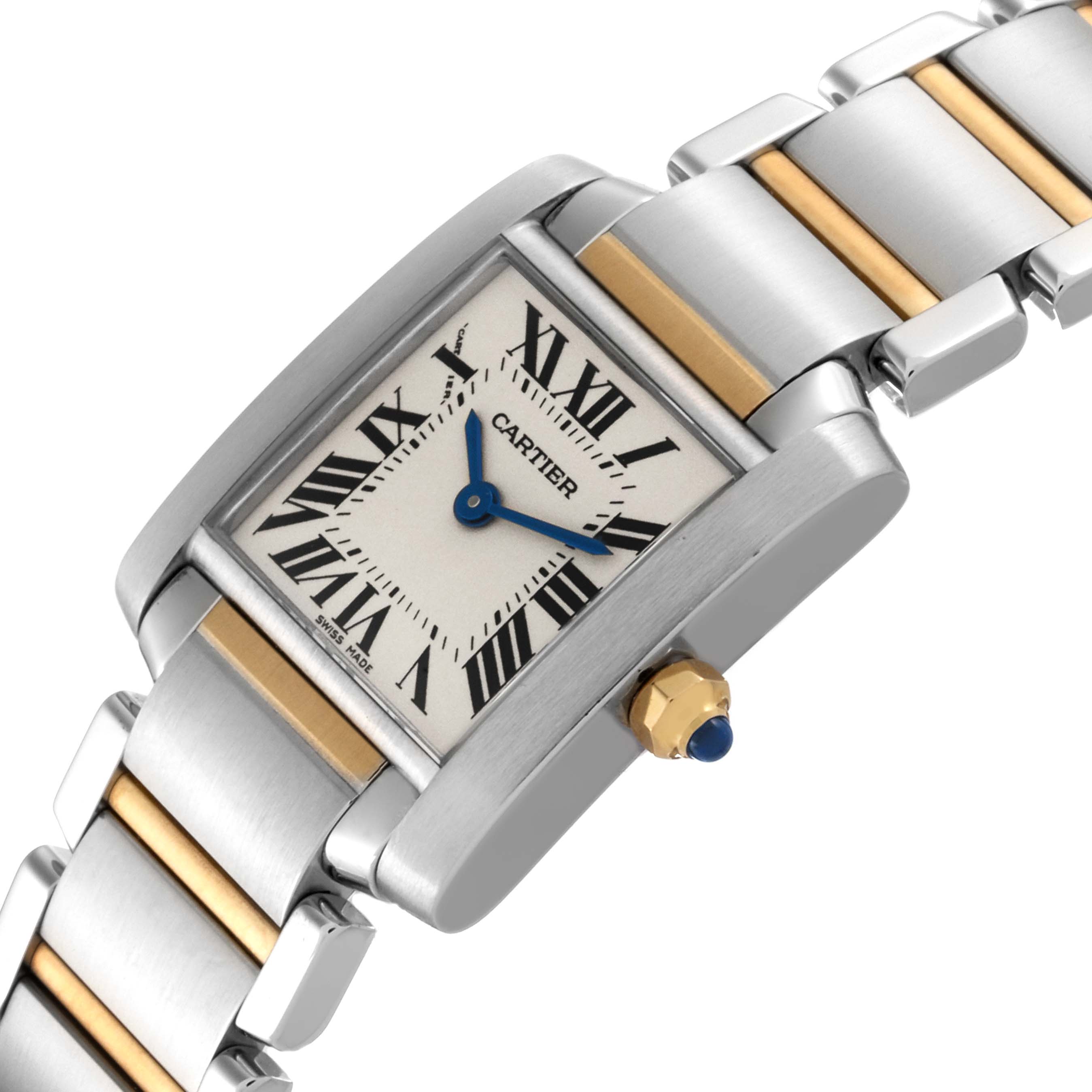 The Cartier Tank Française watch is shown at an angled view, highlighting the dial, Roman numerals, hands, and two-tone bracelet.