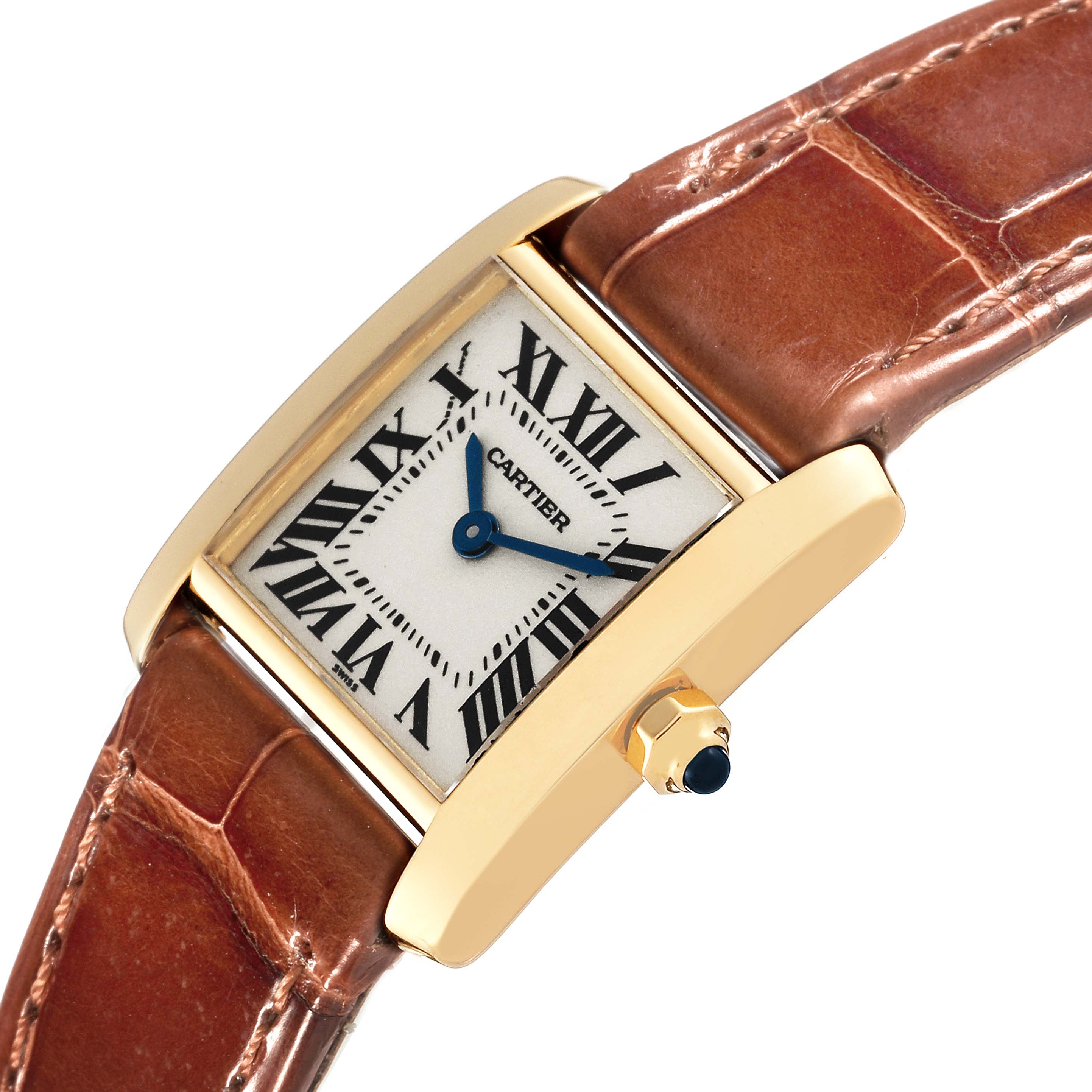 The Cartier Tank Francaise W5000256 Women's Yellow Gold Silver Dial W5000256 Women's Yellow Gold Silver Dial watch is shown at an angle, highlighting the face, blue hands, crown, and leather strap.