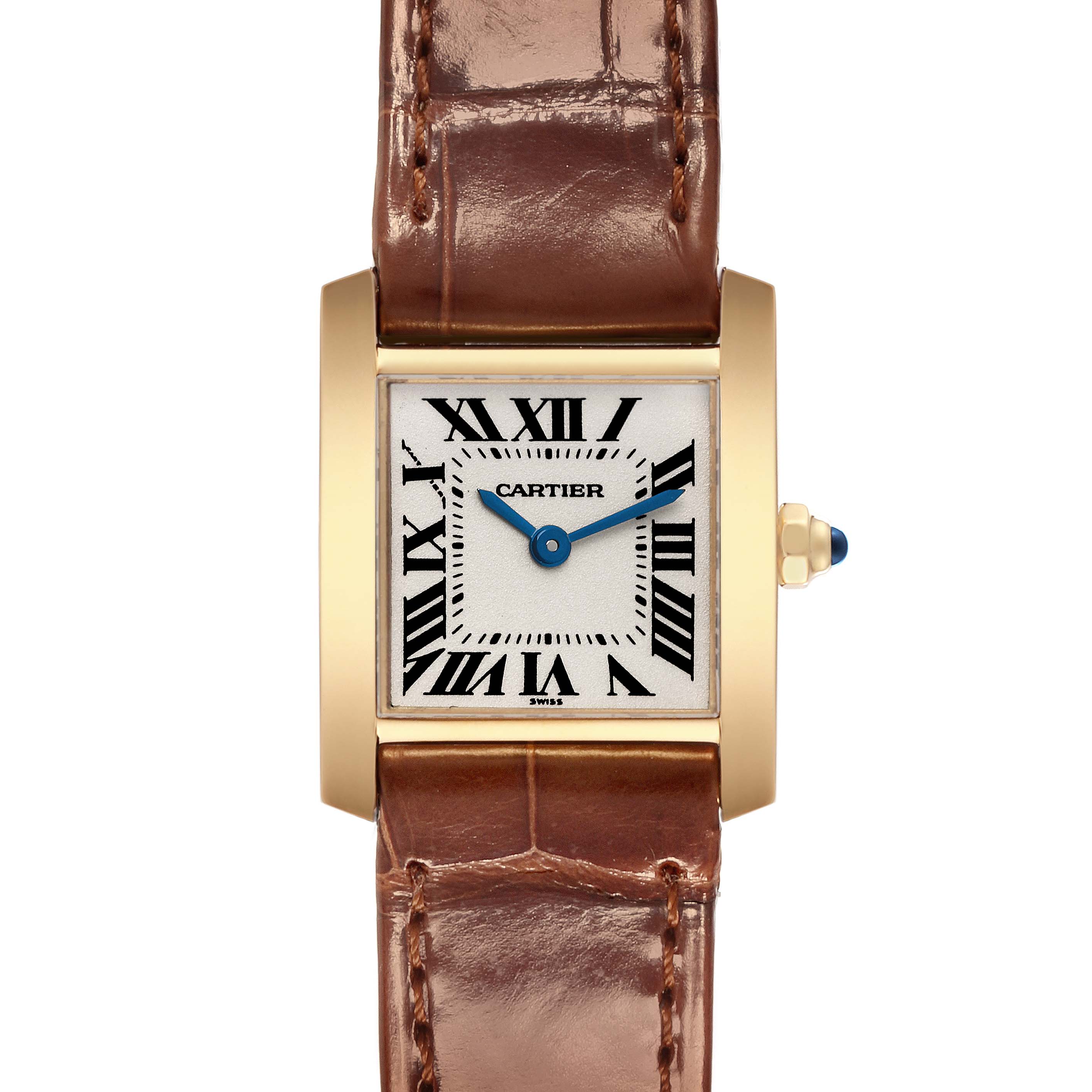 The image shows a front view of the Cartier Tank Française with a gold case, roman numerals, and a brown leather strap.