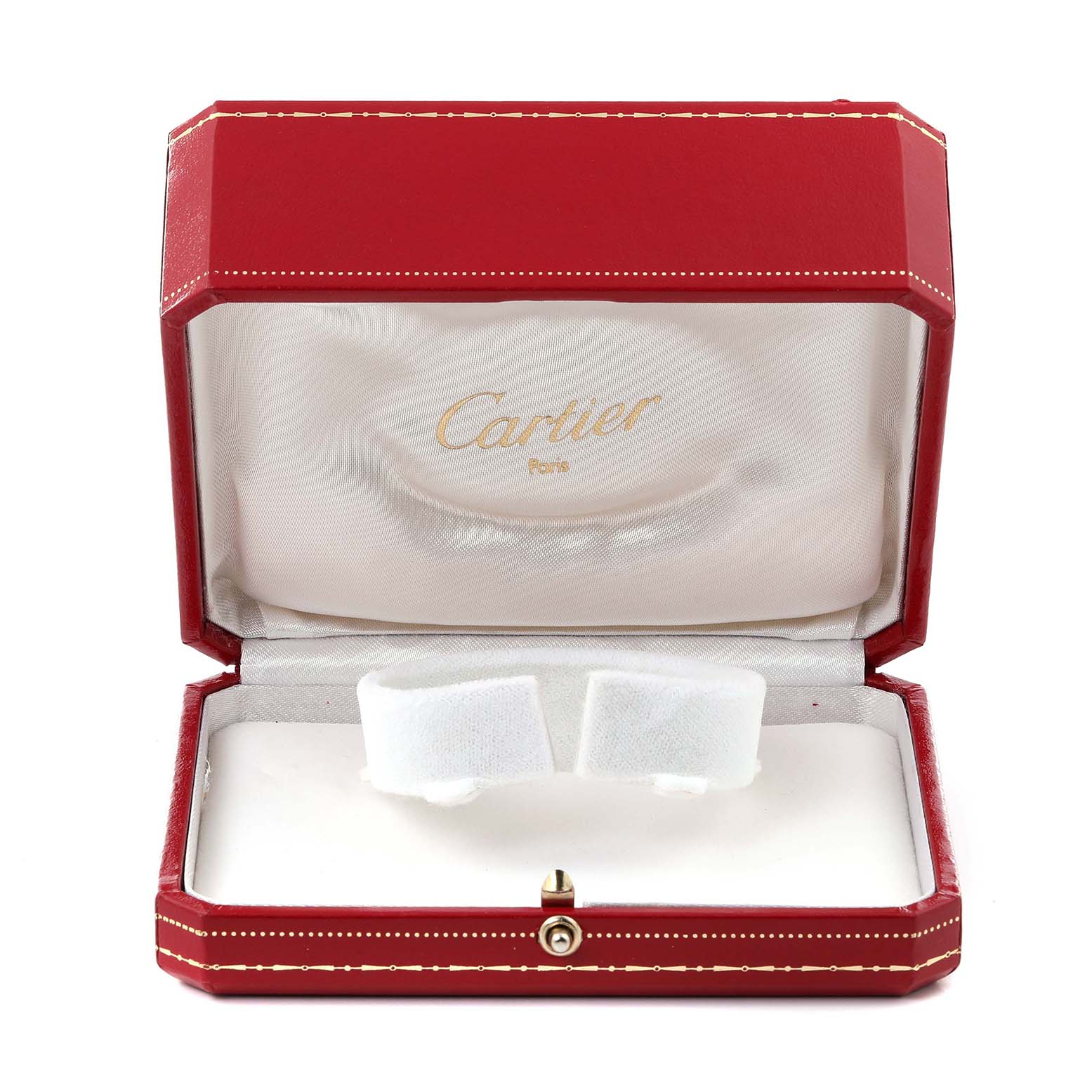 The Cartier Tank Francaise W5000256 Women's Yellow Gold Silver Dial W5000256 Women's Yellow Gold Silver Dial is shown with its red watch box open, featuring the brand logo inside.
