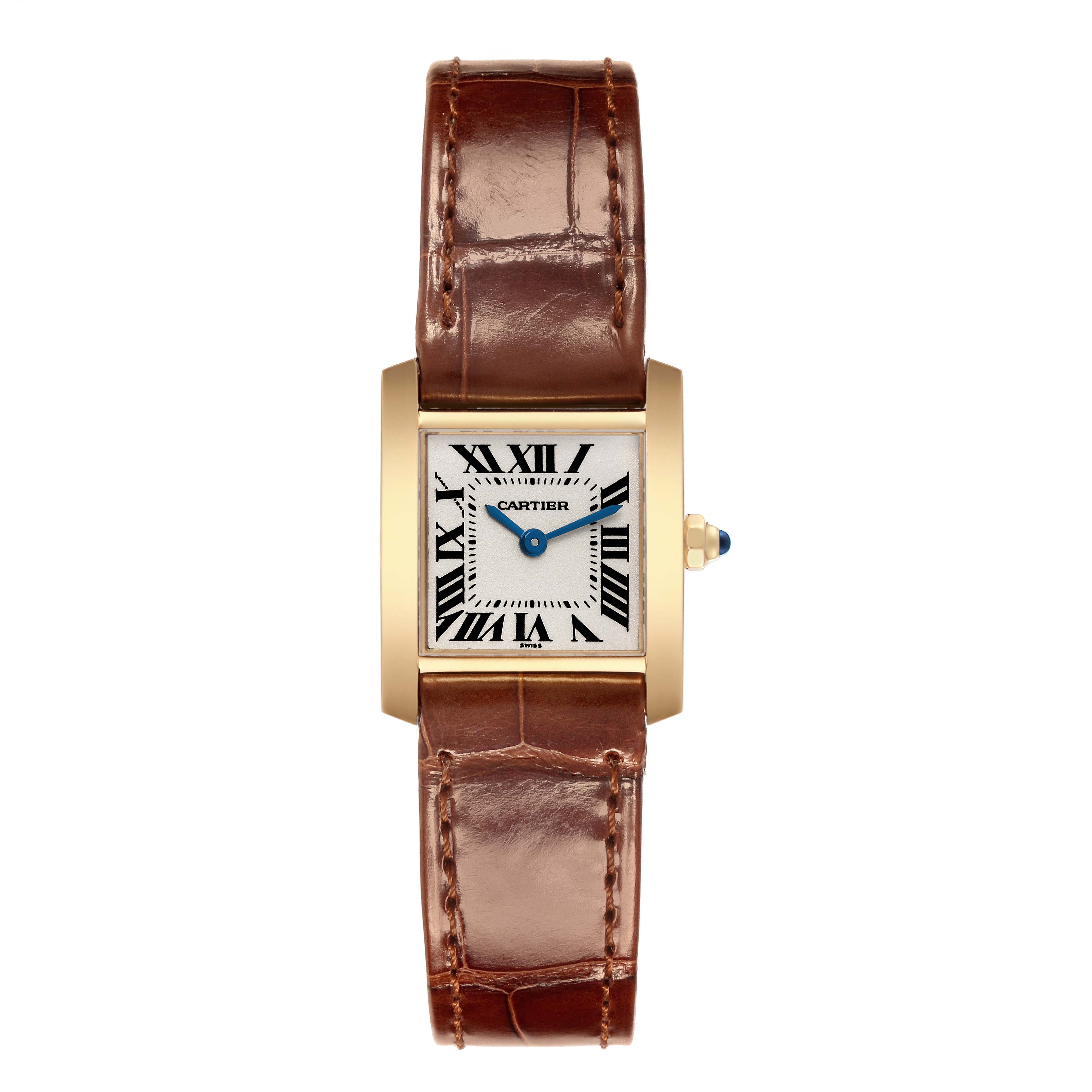 The Cartier Tank Francaise W5000256 Women's Yellow Gold Silver Dial W5000256 Women's Yellow Gold Silver Dial watch is shown from a top-down angle, featuring its face and leather strap.