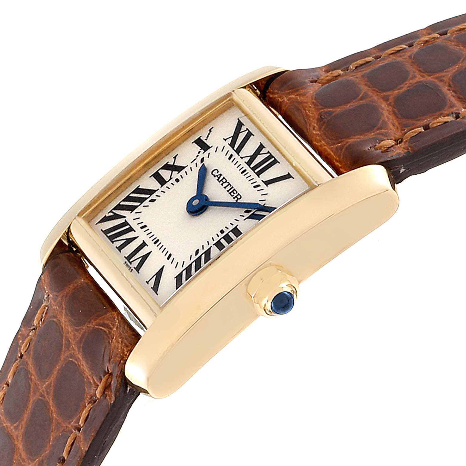 This image shows a Cartier Tank Française watch at an angle, featuring the face, brown leather strap, and sapphire crown.