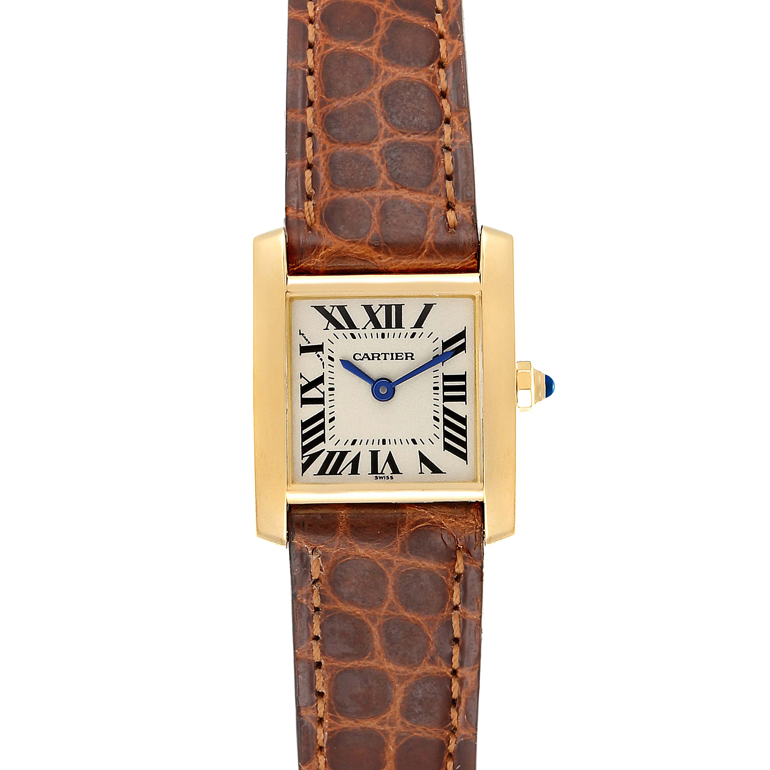The image shows a frontal view of a Cartier Tank Francaise W5000256 Women's Yellow Gold Silver Dial W5000256 Women's Yellow Gold Silver Dial watch, displaying its rectangular dial, brown leather strap, and gold casing.
