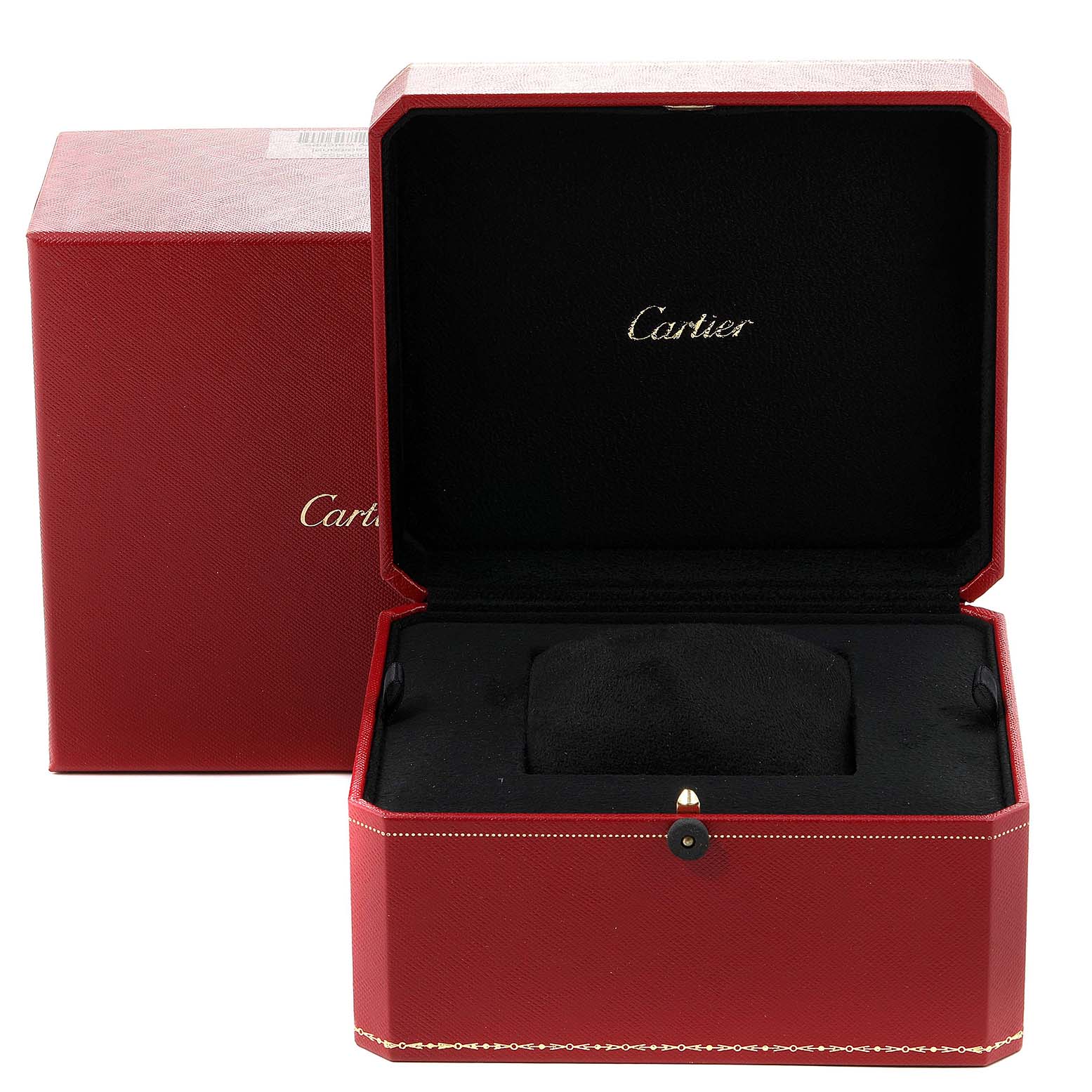 The image shows an open and closed Cartier Tank Francaise W5000256 Women's Yellow Gold Silver Dial W5000256 Women's Yellow Gold Silver Dial watch box at a straight-angle view.