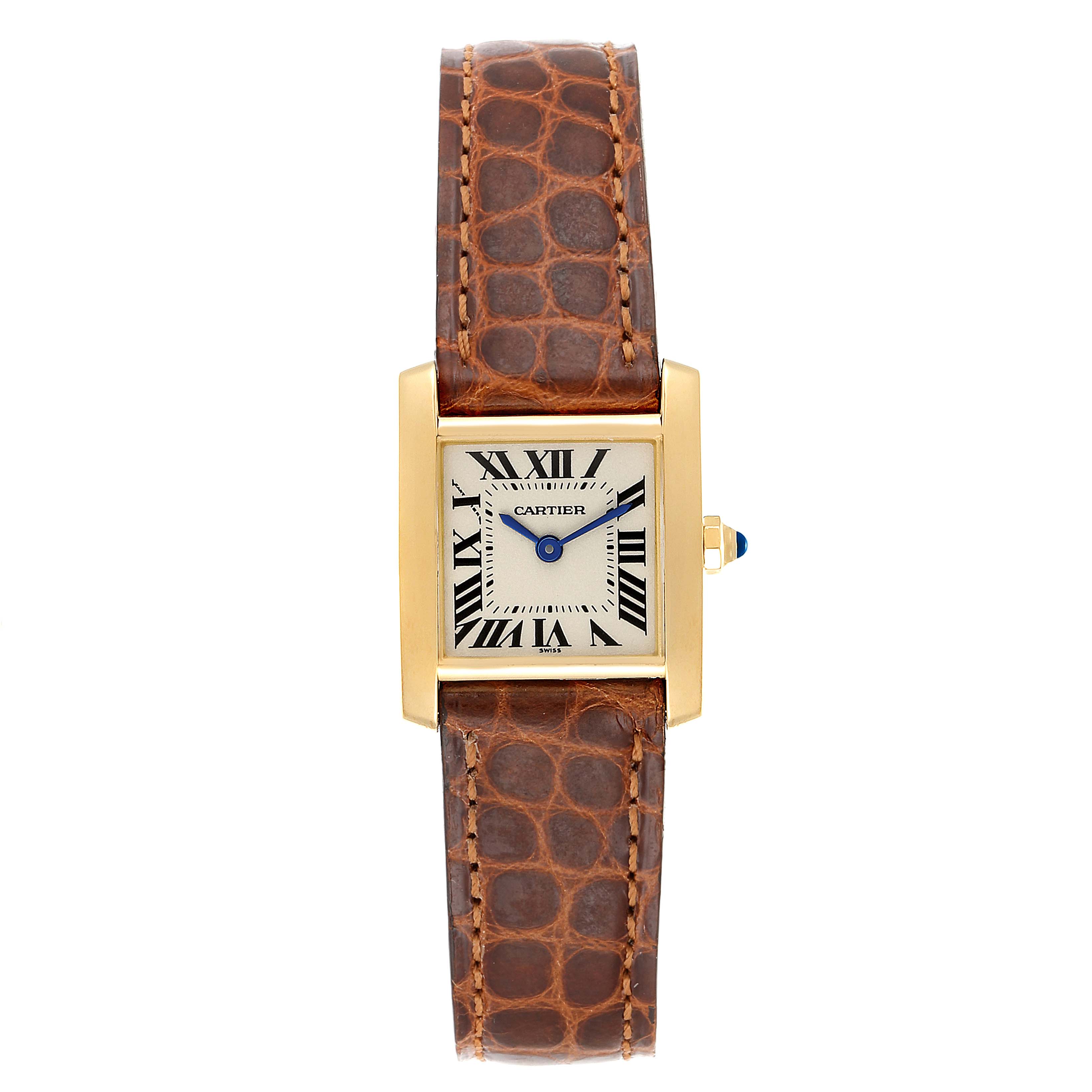 The image shows a front view of a Cartier Tank Francaise W5000256 Women's Yellow Gold Silver Dial W5000256 Women's Yellow Gold Silver Dial watch with a brown leather strap and a rectangular gold case.