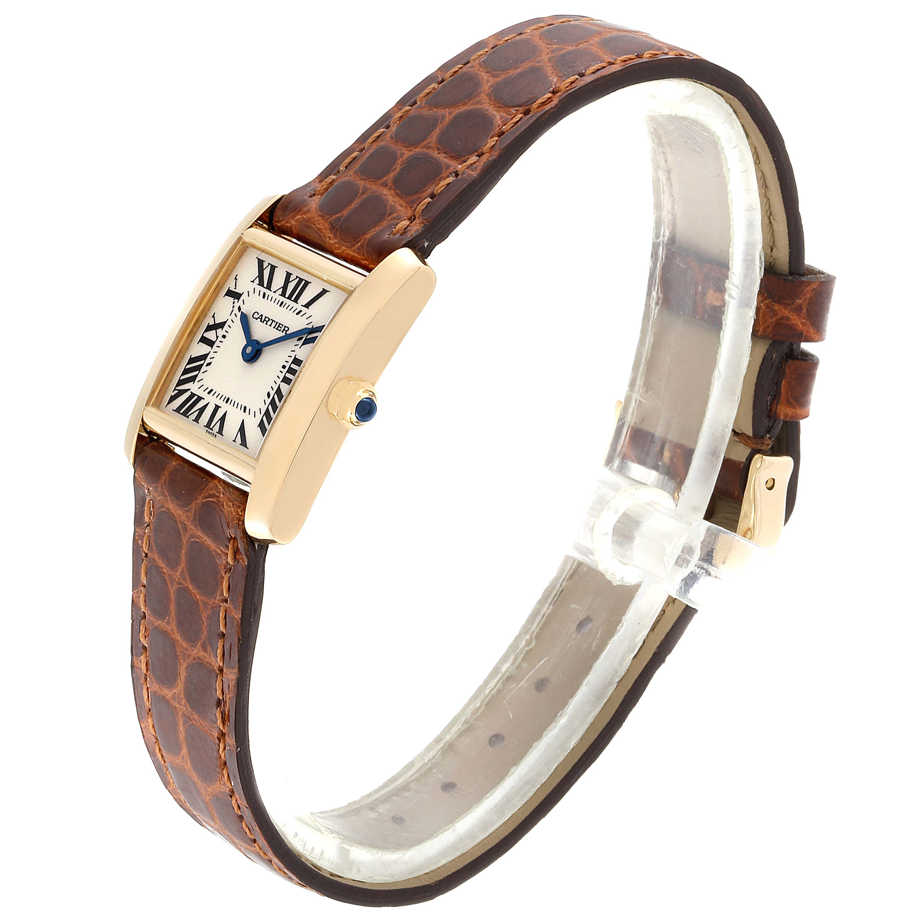 The image shows a side angle of the Cartier Tank Francaise W5000256 Women's Yellow Gold Silver Dial W5000256 Women's Yellow Gold Silver Dial watch, highlighting its brown leather strap and rectangular face.