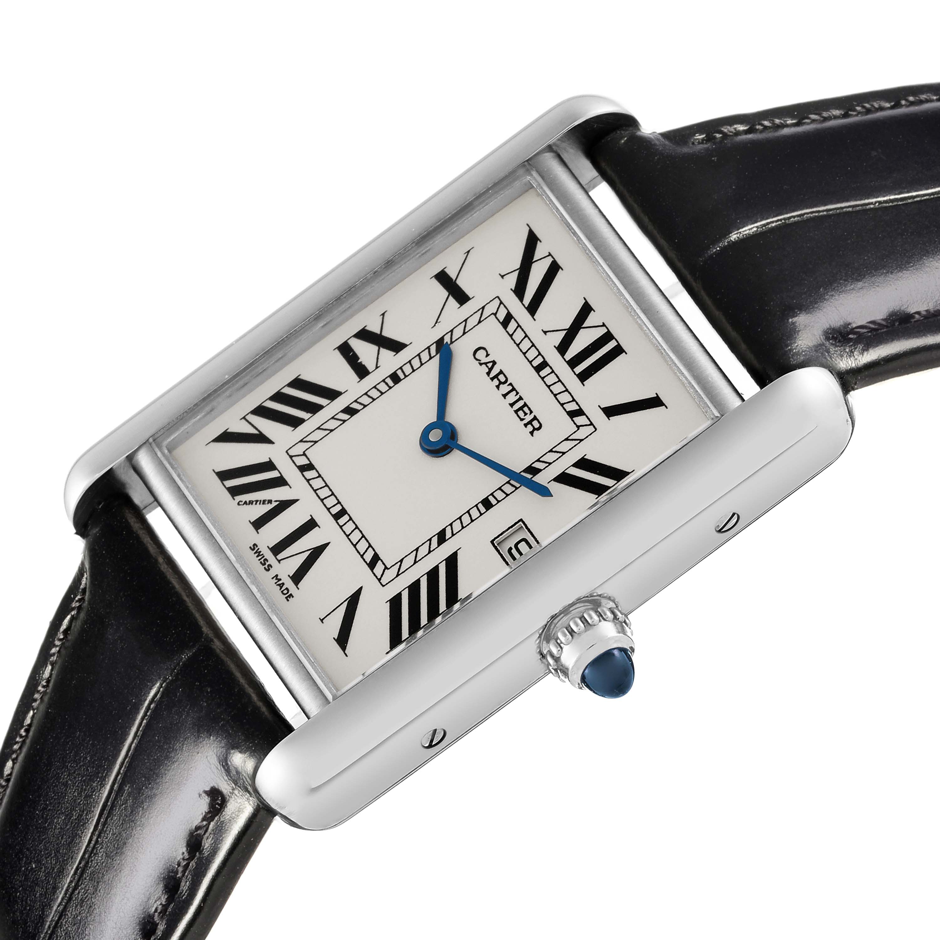 The Cartier Tank Louis W1540956 Men's White Gold Silver Dial W1540956 Men's White Gold Silver Dial watch is shown at a slight angle, displaying its face, crown, and part of the leather strap.