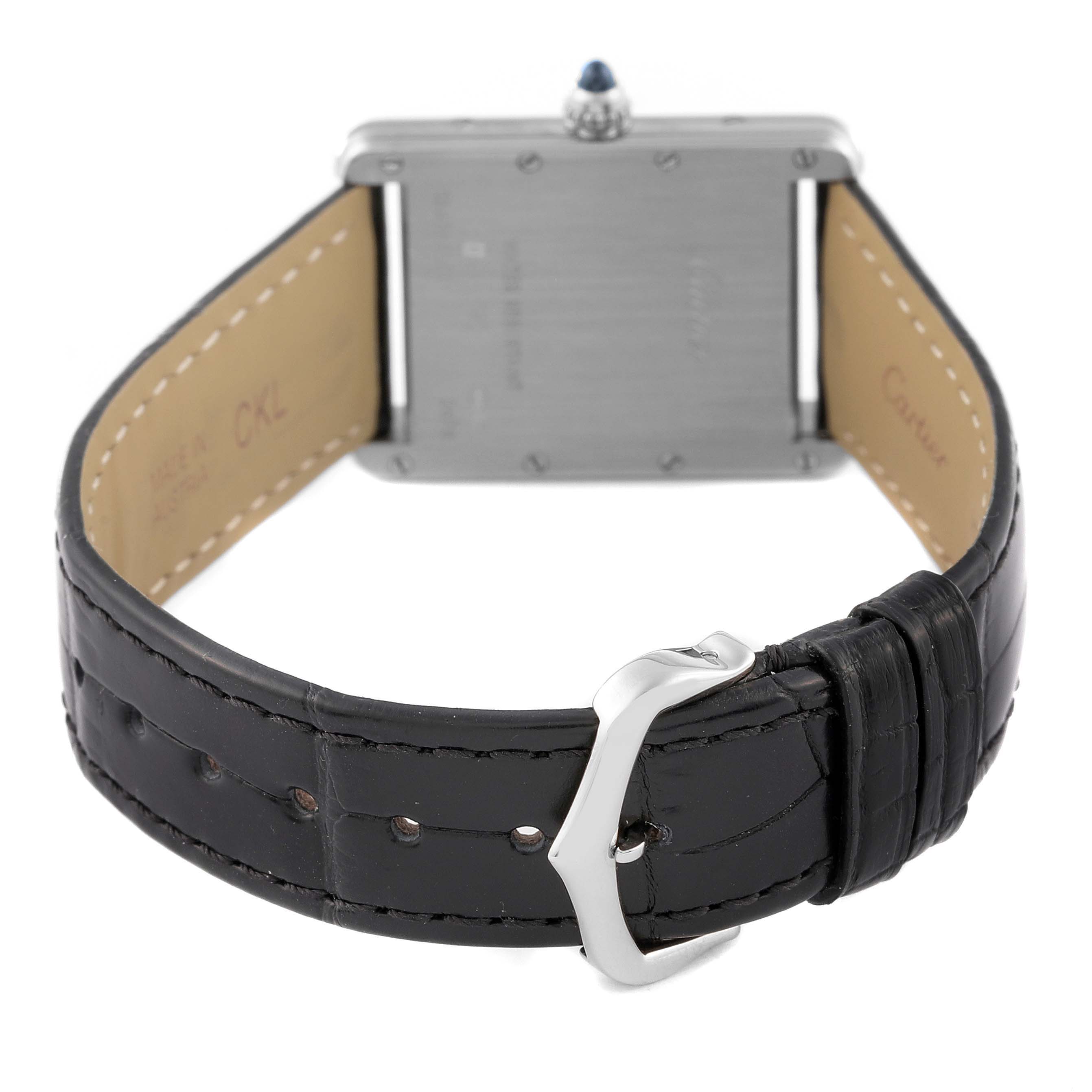 The image shows the back view of a Cartier Tank Louis W1540956 Men's White Gold Silver Dial W1540956 Men's White Gold Silver Dial watch, highlighting the leather strap and buckle.