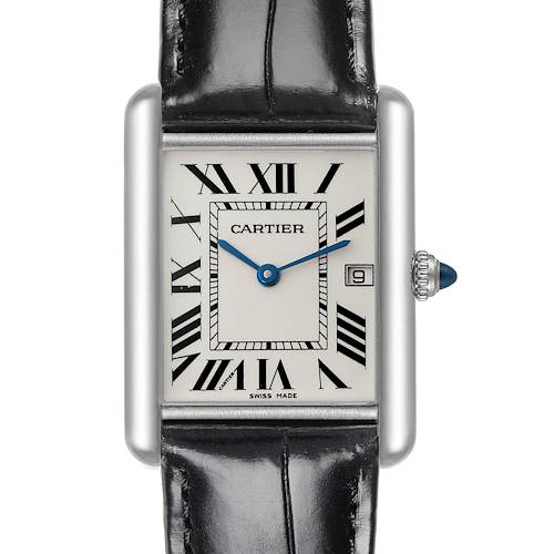 The Cartier Tank Louis watch is shown from the front, displaying the face, Roman numerals, hands, and crown.