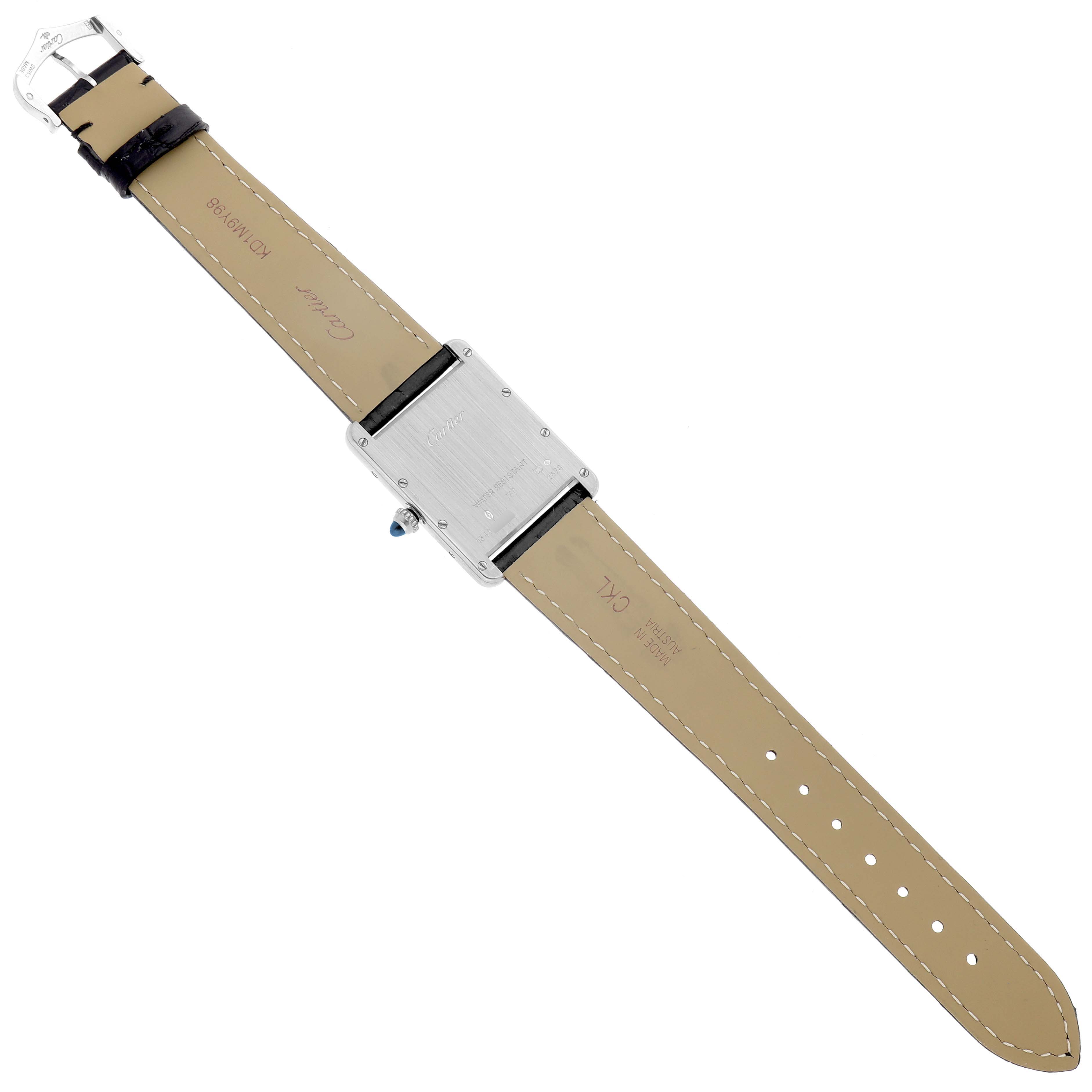 The image shows the back of a Cartier Tank Louis W1540956 Men's White Gold Silver Dial W1540956 Men's White Gold Silver Dial watch, featuring the strap and clasp.