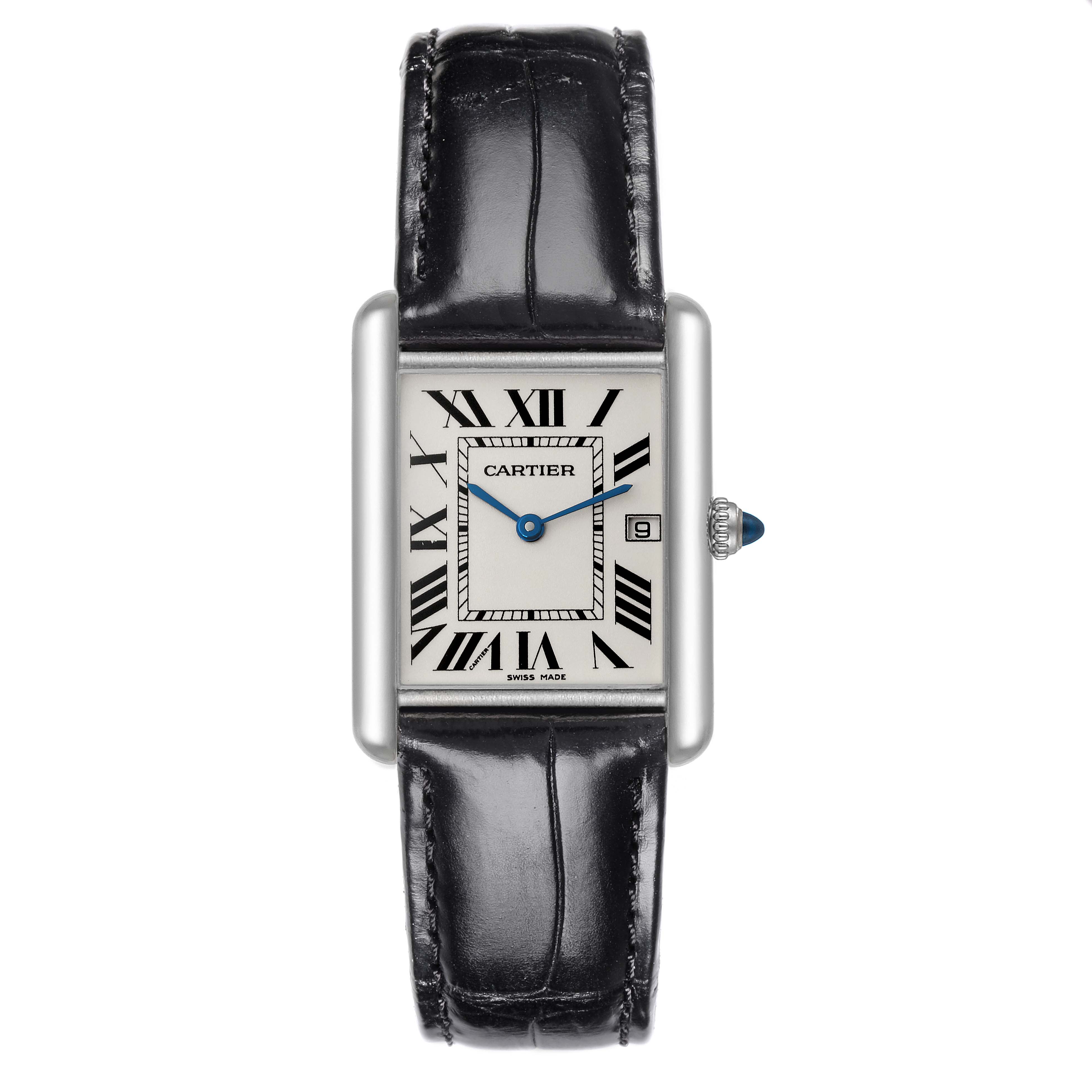 The Cartier Tank Louis W1540956 Men's White Gold Silver Dial W1540956 Men's White Gold Silver Dial watch is shown from a front view, displaying the face, case, crown, and leather strap.