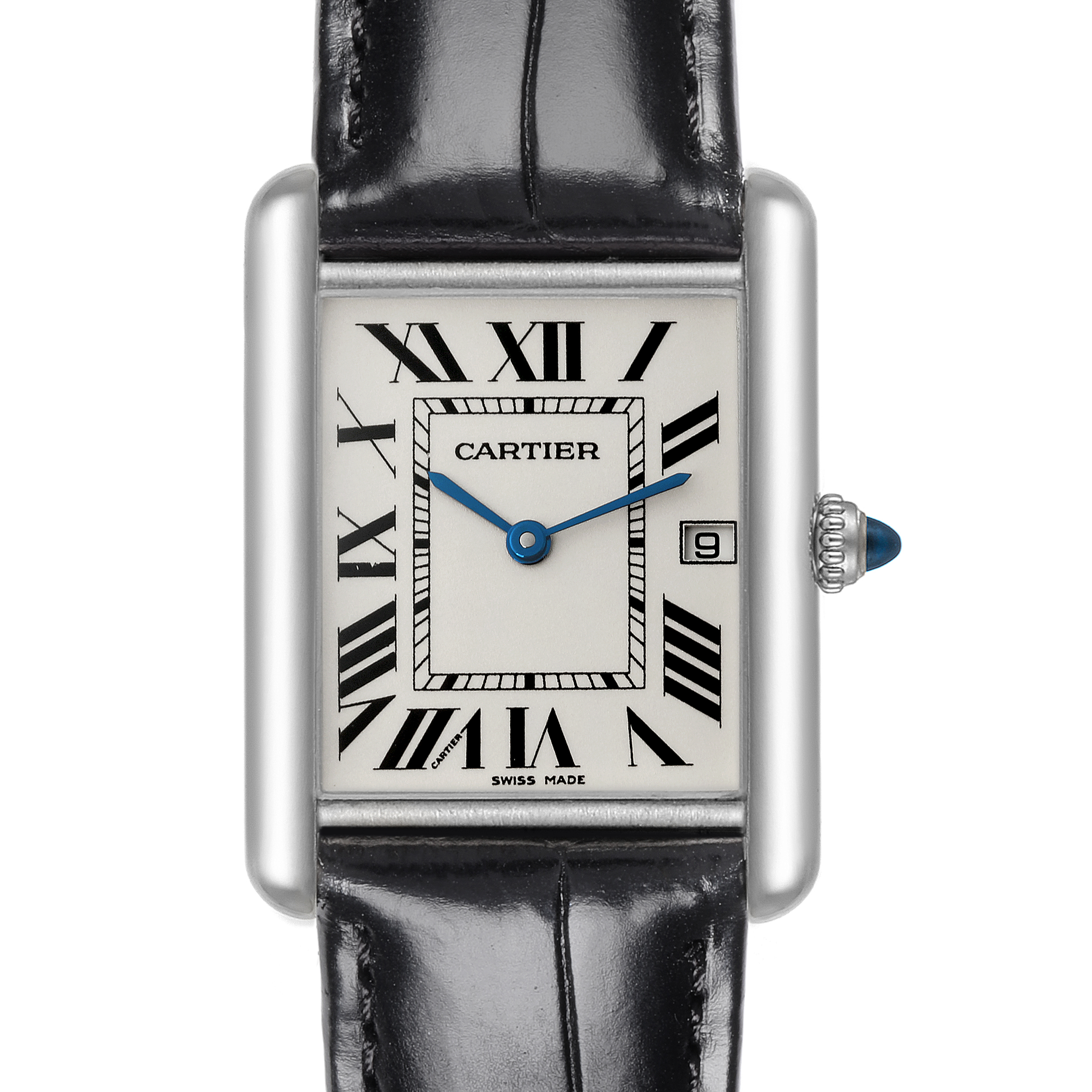 The Cartier Tank Louis W1540956 Men's White Gold Silver Dial W1540956 Men's White Gold Silver Dial watch is shown from a frontal angle, displaying its face, crown, and strap.