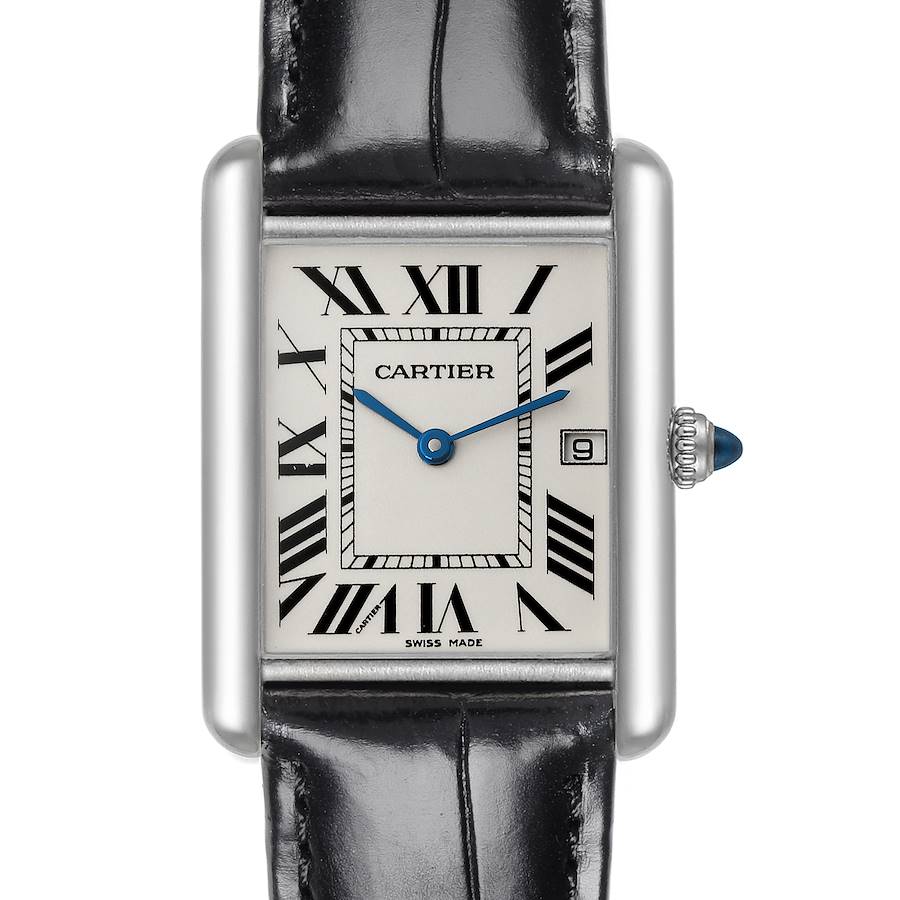 Cartier Tank Louis Large White Gold Black Strap Mens Watch W1540956 SwissWatchExpo