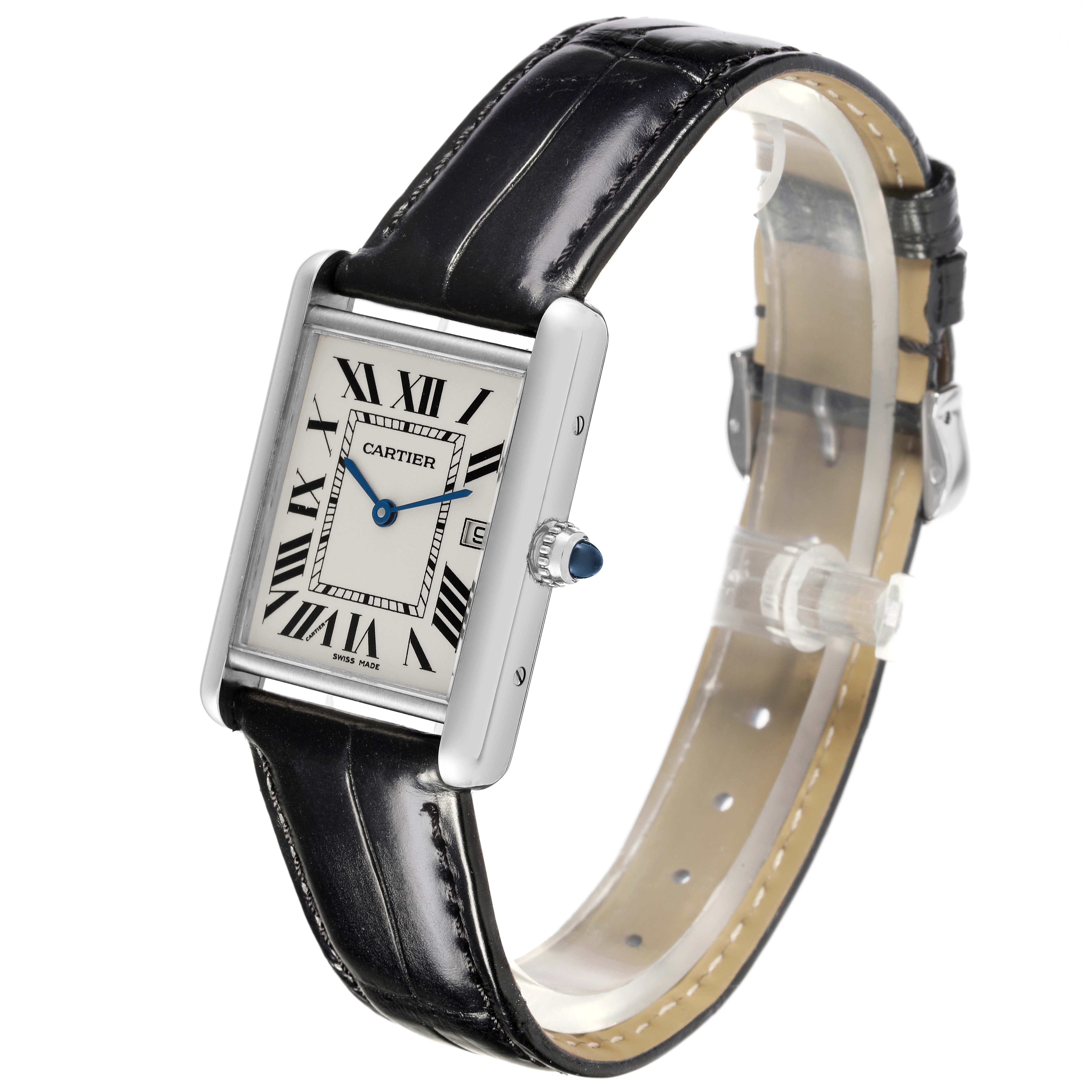 The Cartier Tank Louis W1540956 Men's White Gold Silver Dial W1540956 Men's White Gold Silver Dial watch is shown at an angled side view, highlighting its rectangular face, crown, and leather strap.
