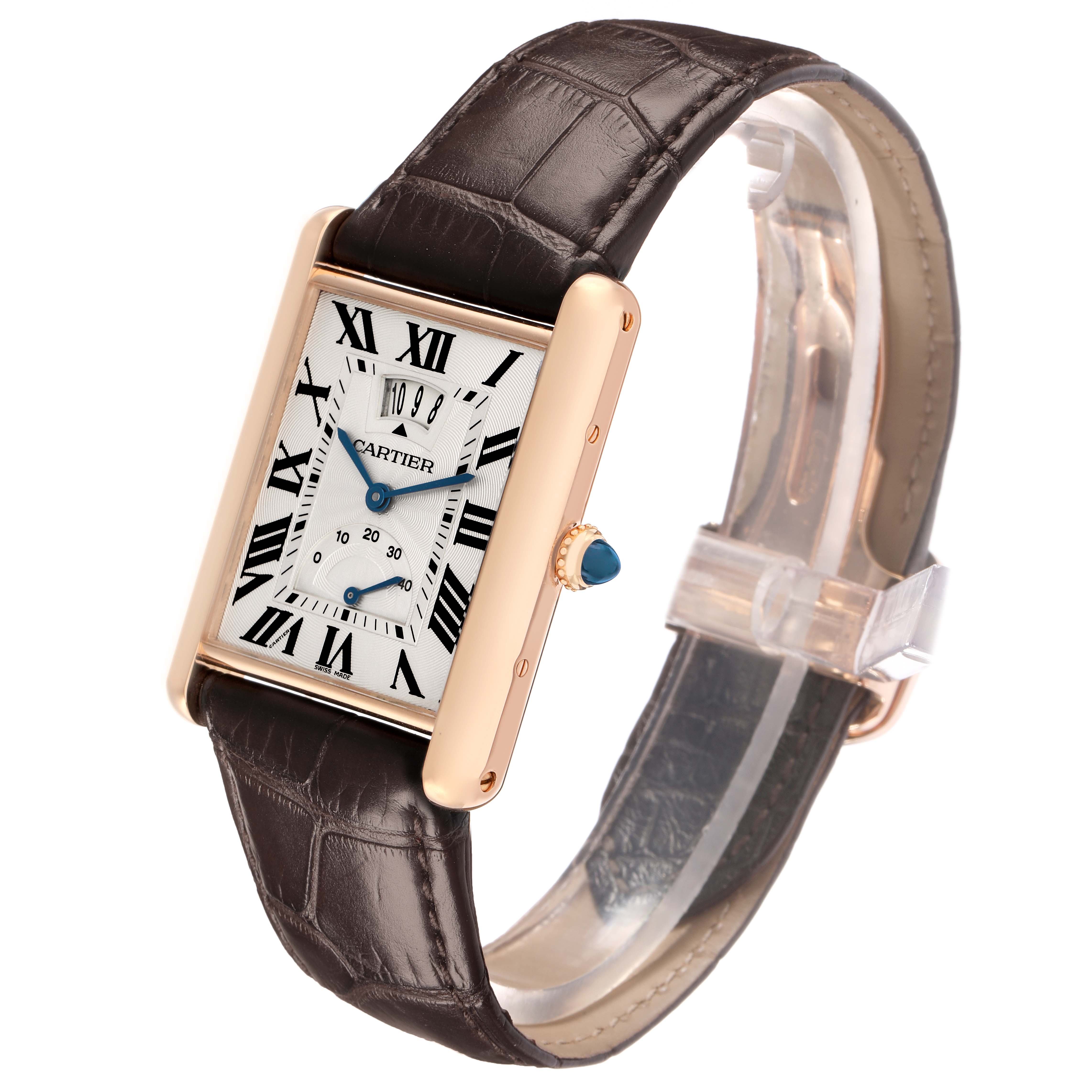 The Cartier Tank Louis W1560003 Men
s Rose Gold Silver Dial watch is shown at an angled side view, highlighting the dial, bezel, case, crown, and brown leather strap.