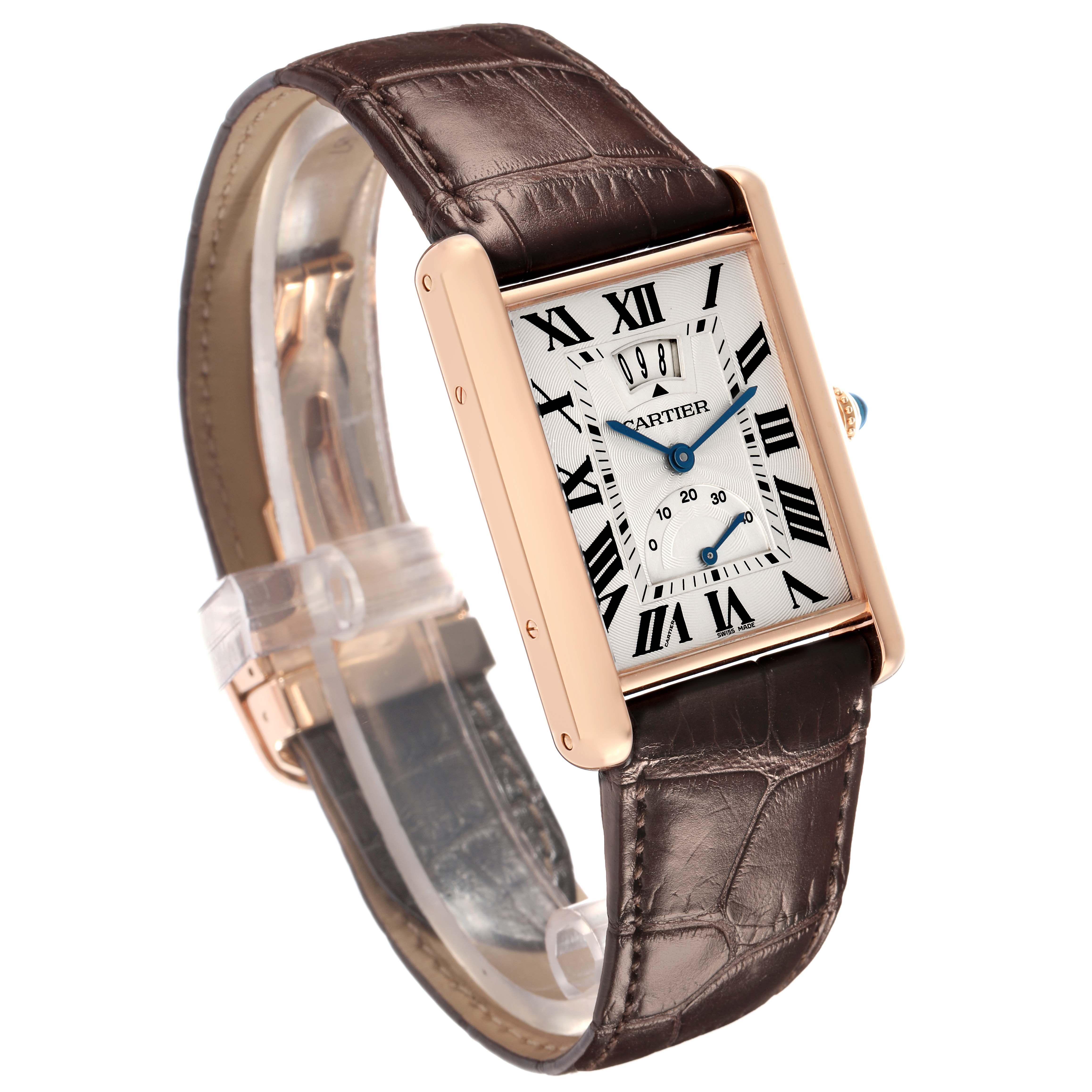 The Cartier Tank Louis W1560003 Men
s Rose Gold Silver Dial watch is shown at a slight angle, highlighting the rectangular face, Roman numerals, and brown leather strap.