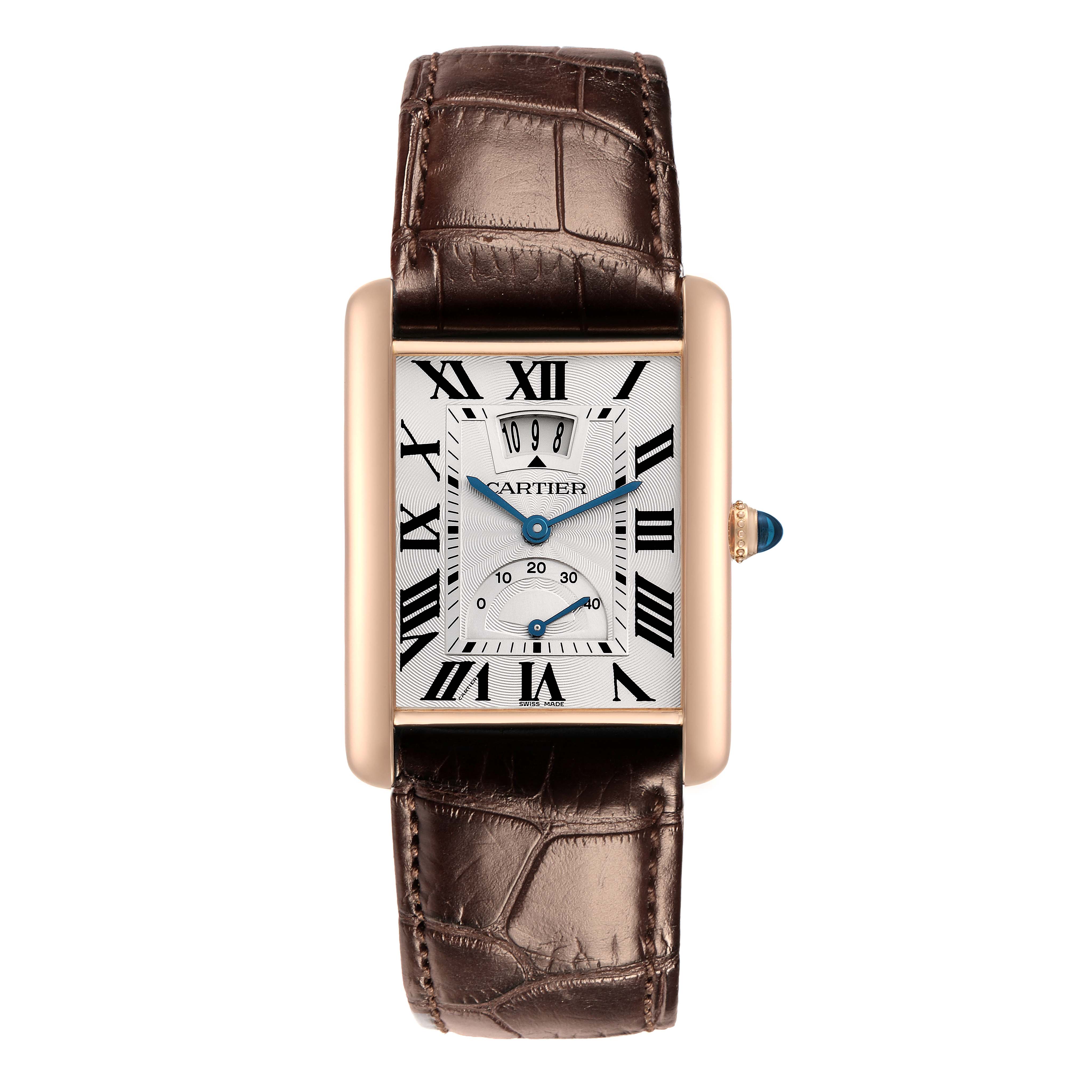 The Cartier Tank Louis W1560003 Men
s Rose Gold Silver Dial watch is shown from a frontal angle, displaying its rectangular dial, blue hands, and Roman numerals.