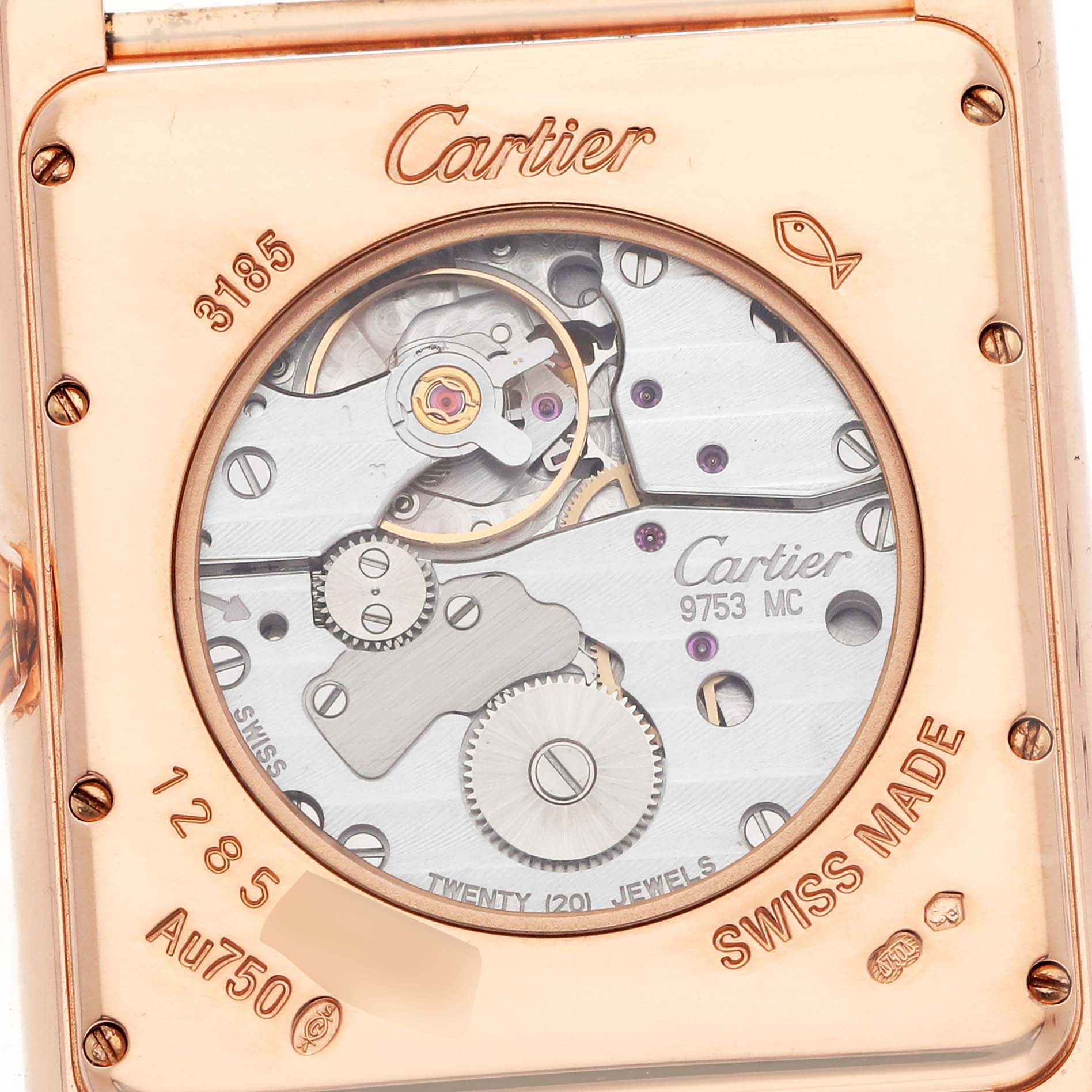 The image shows the back of the Cartier Tank Louis W1560003 Men
s Rose Gold Silver Dial watch, highlighting its movement and intricate mechanics.