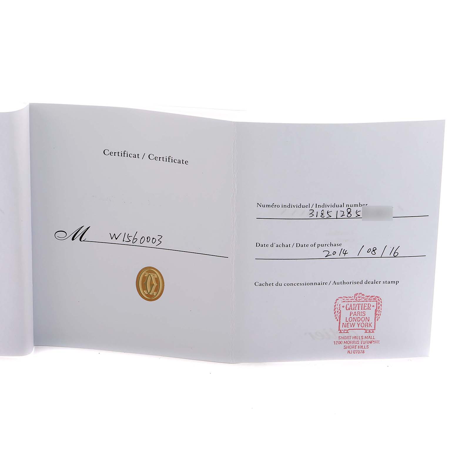 The image shows a certification booklet for the Cartier Tank Louis W1560003 Men
s Rose Gold Silver Dial model, featuring individual numbers and a dealer stamp.