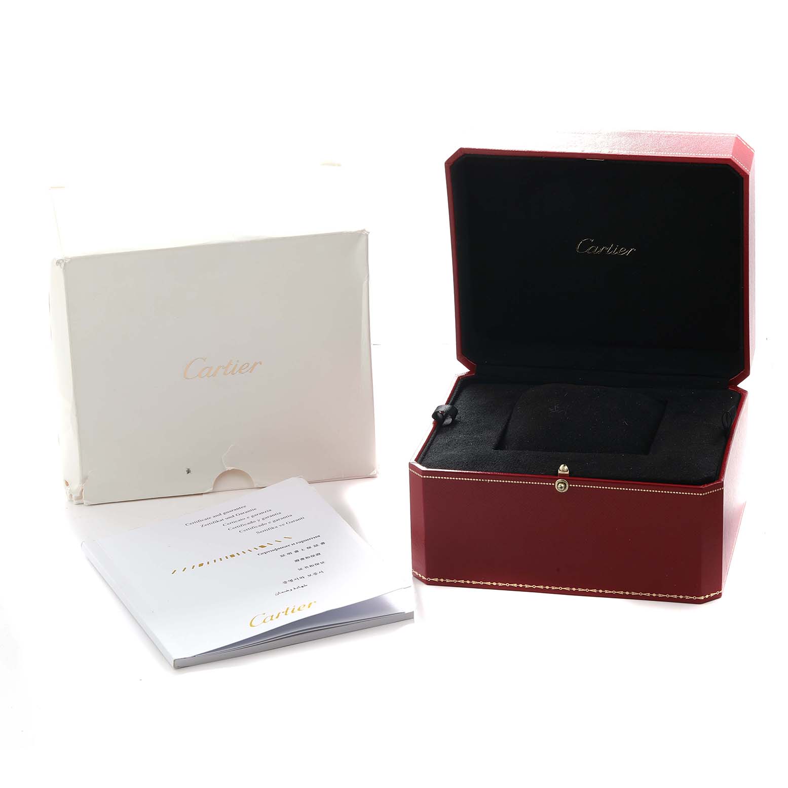 The image shows a Cartier Tank Louis W1560003 Men
s Rose Gold Silver Dial watch box set, including a red box, an outer white box, and a booklet.