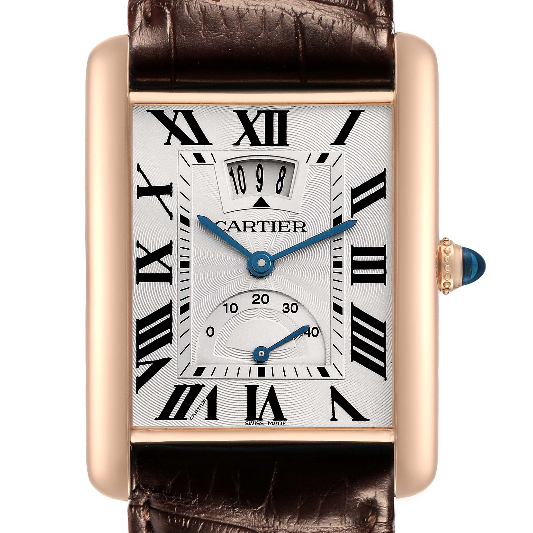 The Cartier Tank Louis W1560003 Men
s Rose Gold Silver Dial watch is shown from a front view, displaying its dial, Roman numerals, and blue steel hands.