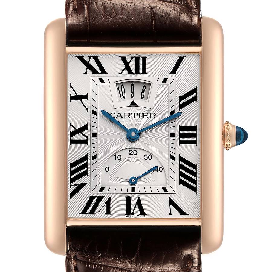 The Cartier Tank Louis W1560003 Men's Rose Gold Silver Dial watch is shown from a front view, displaying its dial, Roman numerals, and blue steel hands.