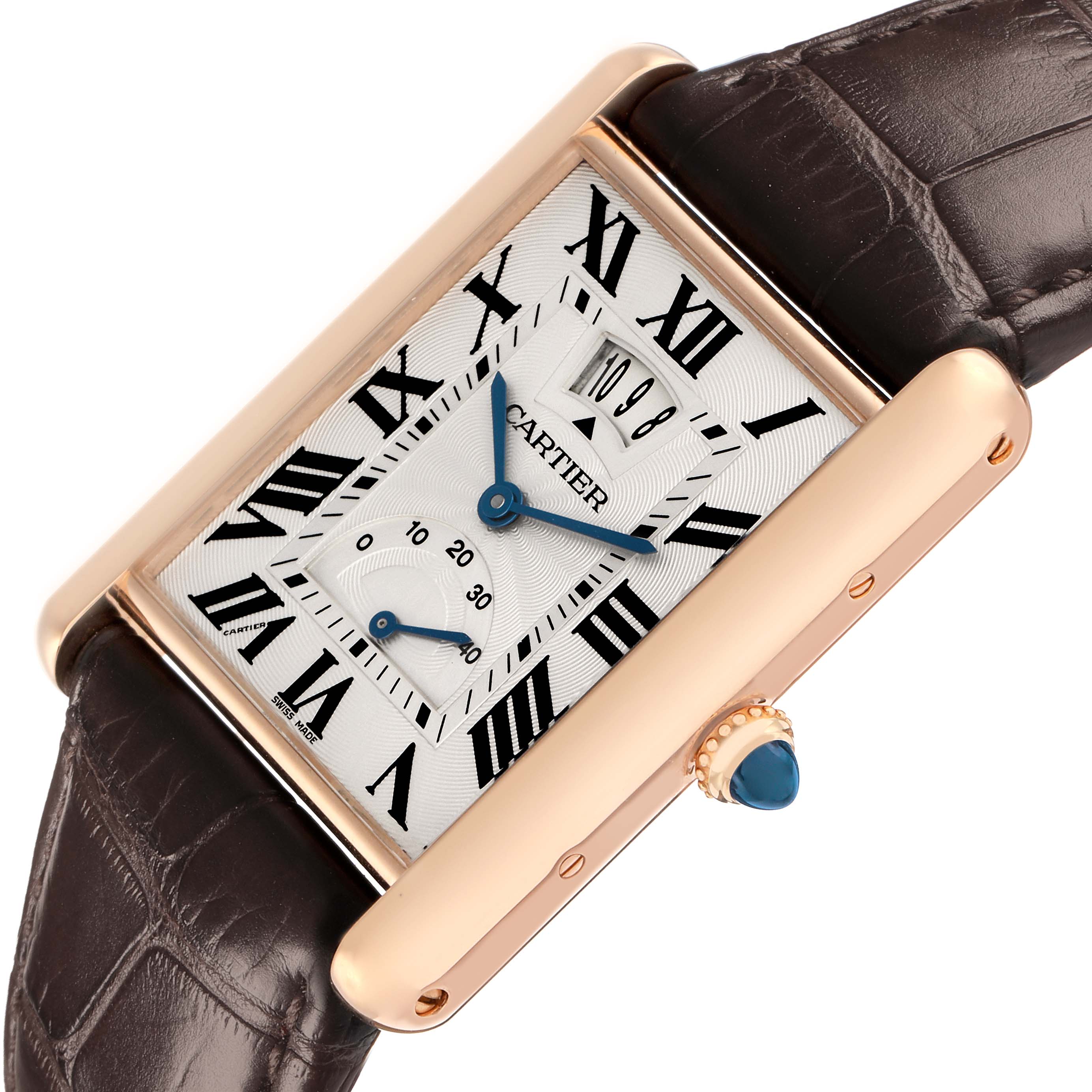 The Cartier Tank Louis W1560003 Men
s Rose Gold Silver Dial watch is shown at an angle highlighting its face, Roman numerals, leather strap, and side crown.