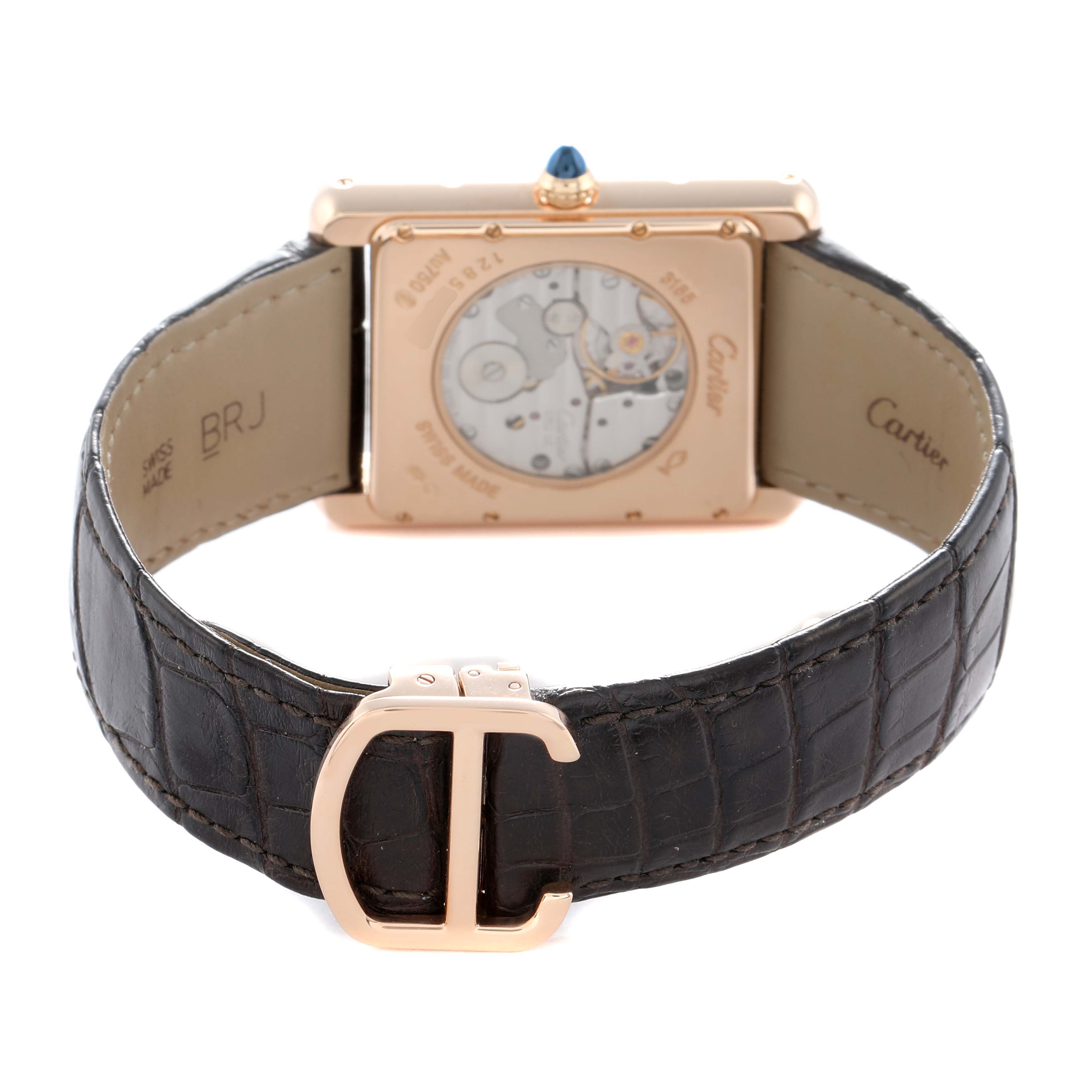 The Cartier Tank Louis W1560003 Men
s Rose Gold Silver Dial watch is shown from the back, highlighting its movement and strap.