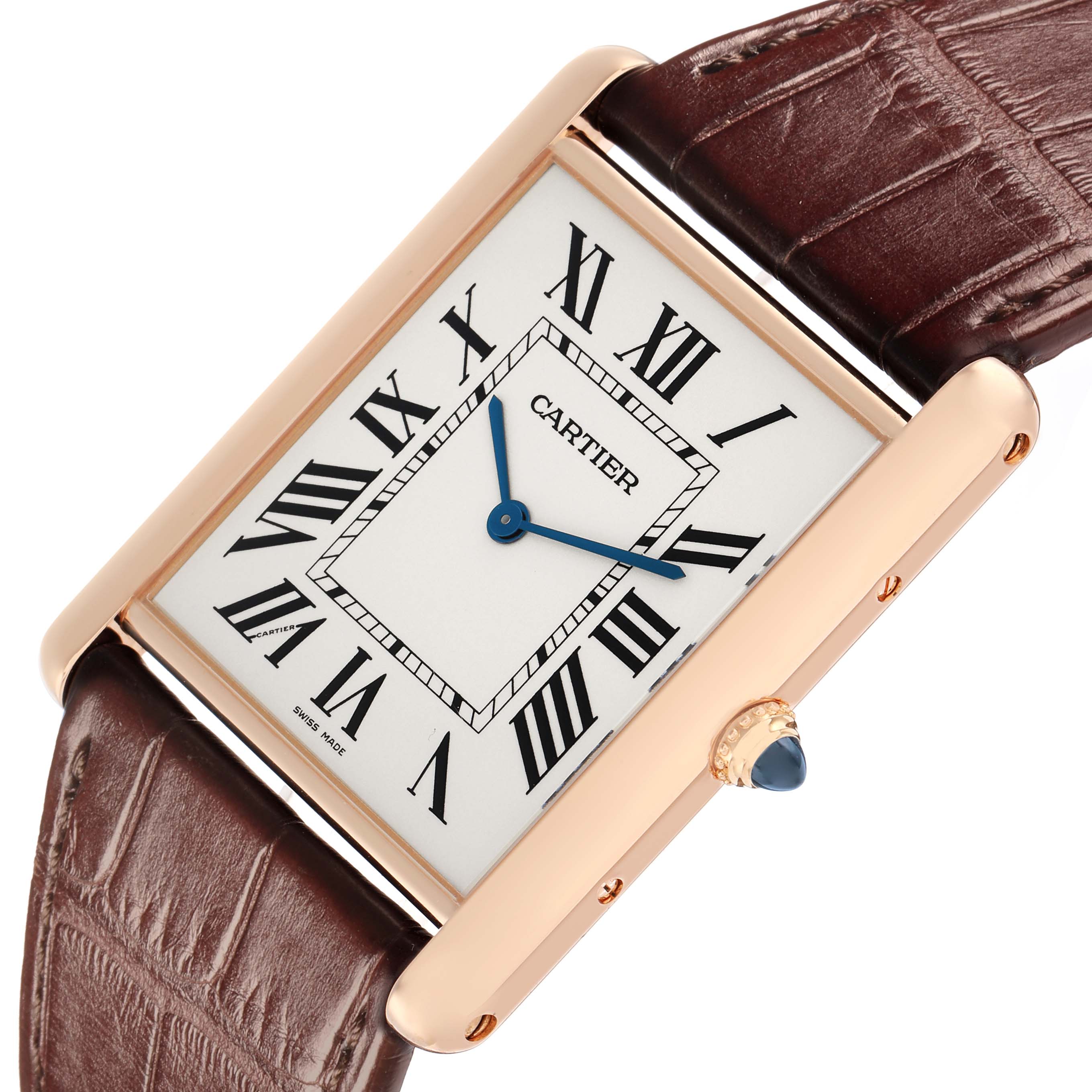 The Cartier Tank Louis W1560017 Men
s Rose Gold Silver Dial watch is shown at a slight angle, highlighting the rectangular face, Roman numerals, blue hands, and cabochon crown.