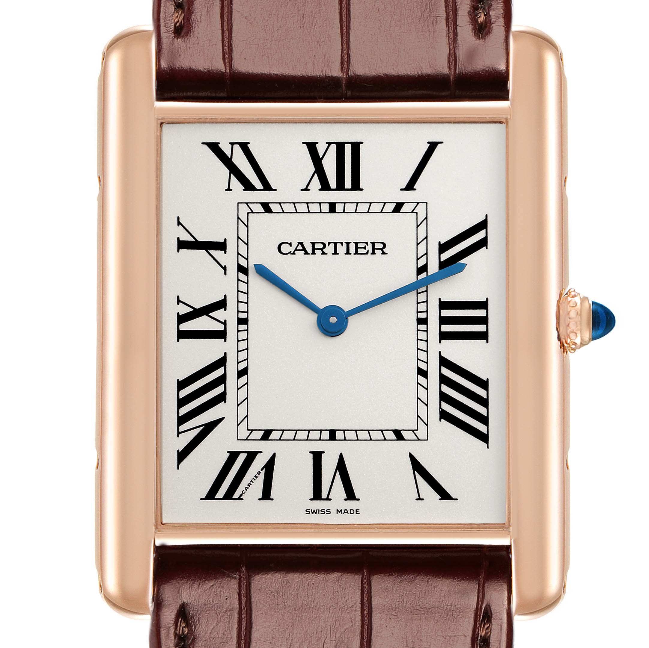 The Cartier Tank Louis W1560017 Men
s Rose Gold Silver Dial watch is shown from a front angle, highlighting the dial, Roman numerals, and brown strap.