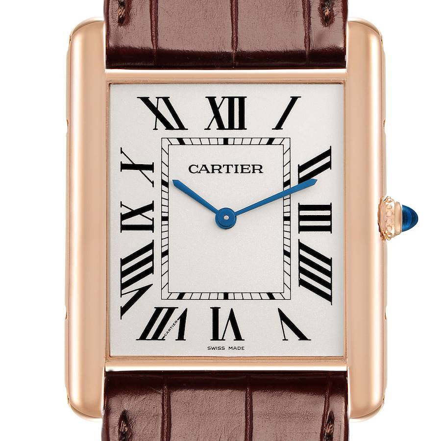 The Cartier Tank Louis W1560017 Men's Rose Gold Silver Dial watch is shown from a front angle, highlighting the dial, Roman numerals, and brown strap.