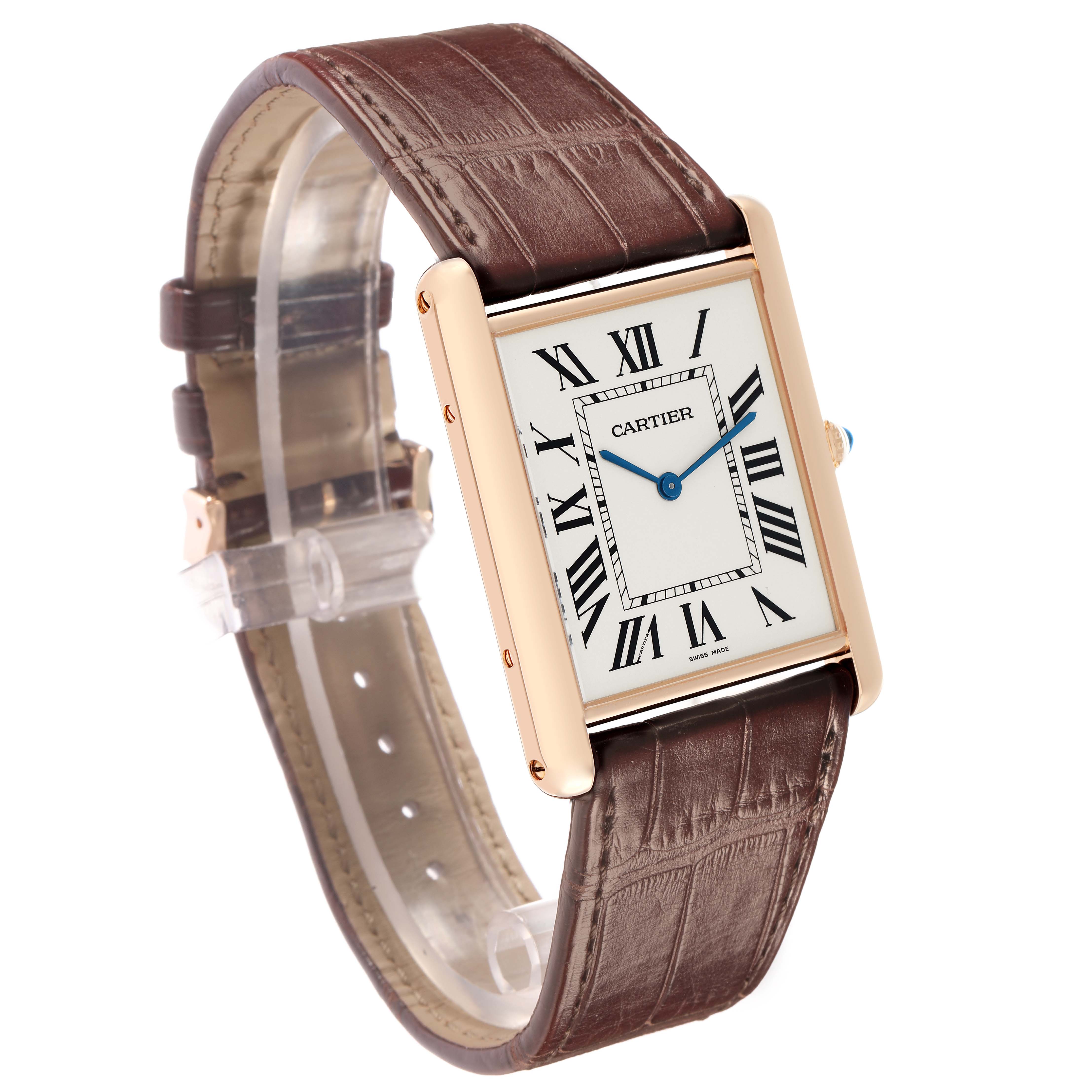 The Cartier Tank Louis W1560017 Men
s Rose Gold Silver Dial watch is shown at a three-quarter angle, displaying its rectangular face, Roman numerals, and brown leather strap.