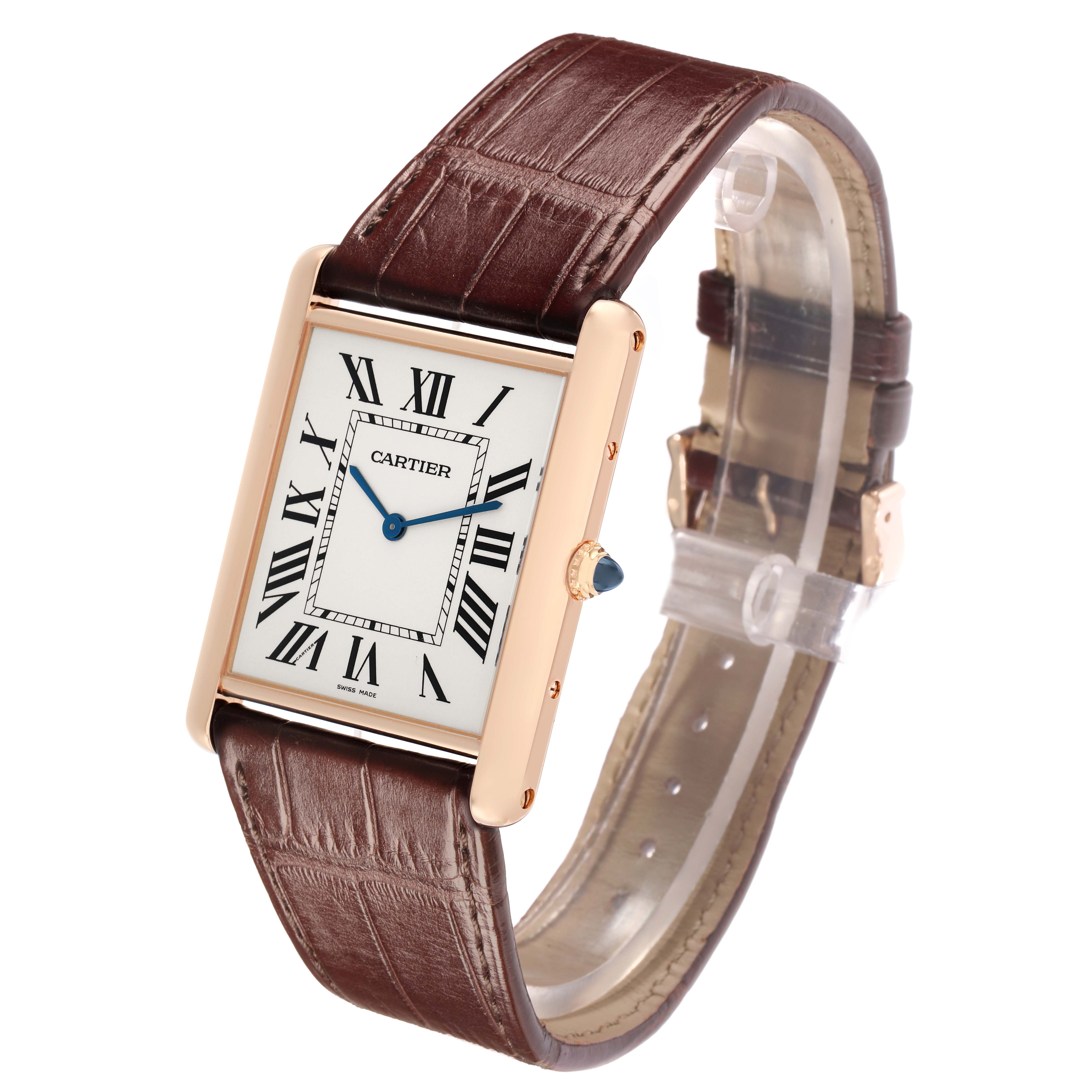 The Cartier Tank Louis W1560017 Men
s Rose Gold Silver Dial watch is shown at an oblique angle, highlighting the brown leather strap, rectangular case, and Roman numeral dial.