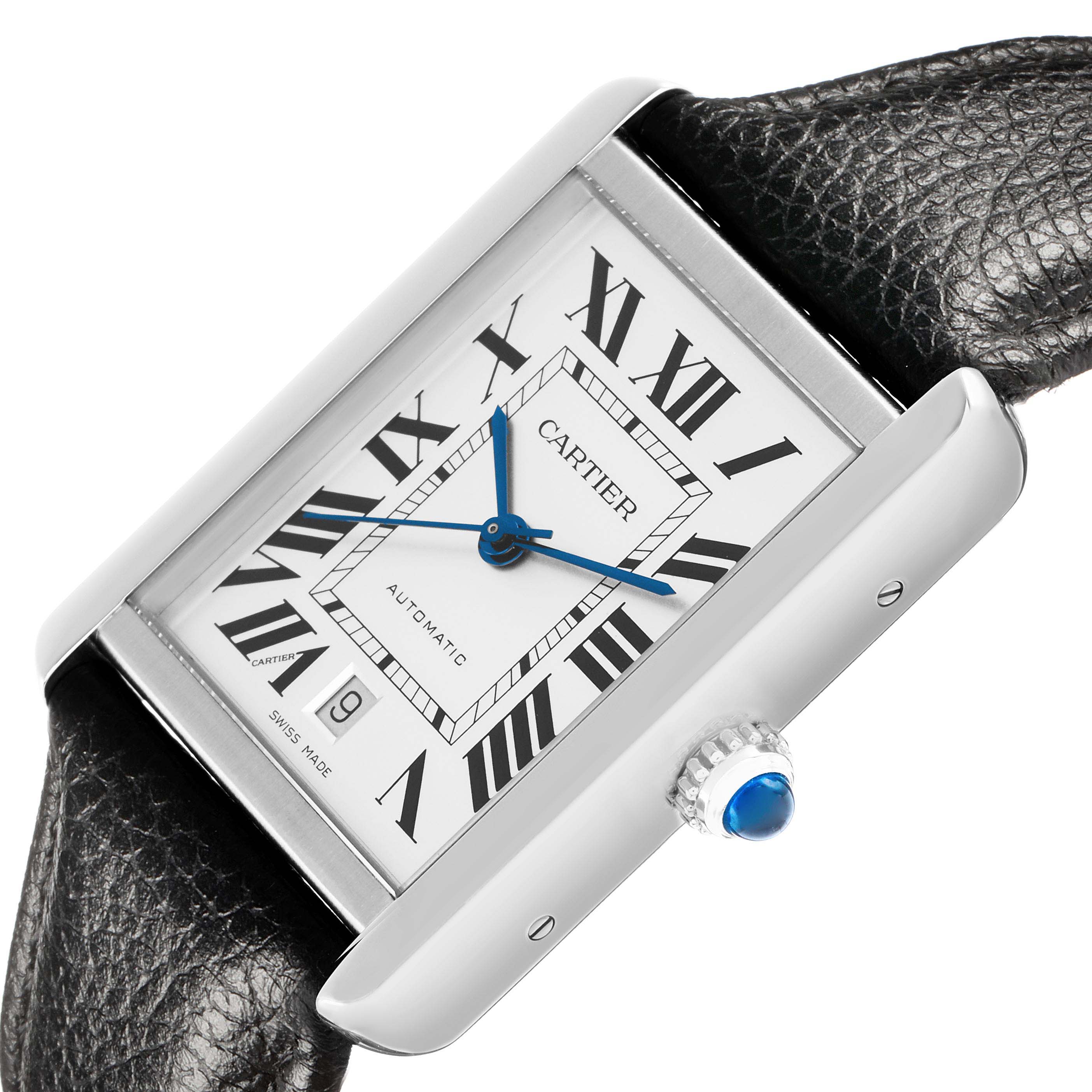 The Cartier Tank Solo 73949 Men
s Stainless Steel Silver Dial watch is shown at an angled view, highlighting the face, crown, and leather strap.