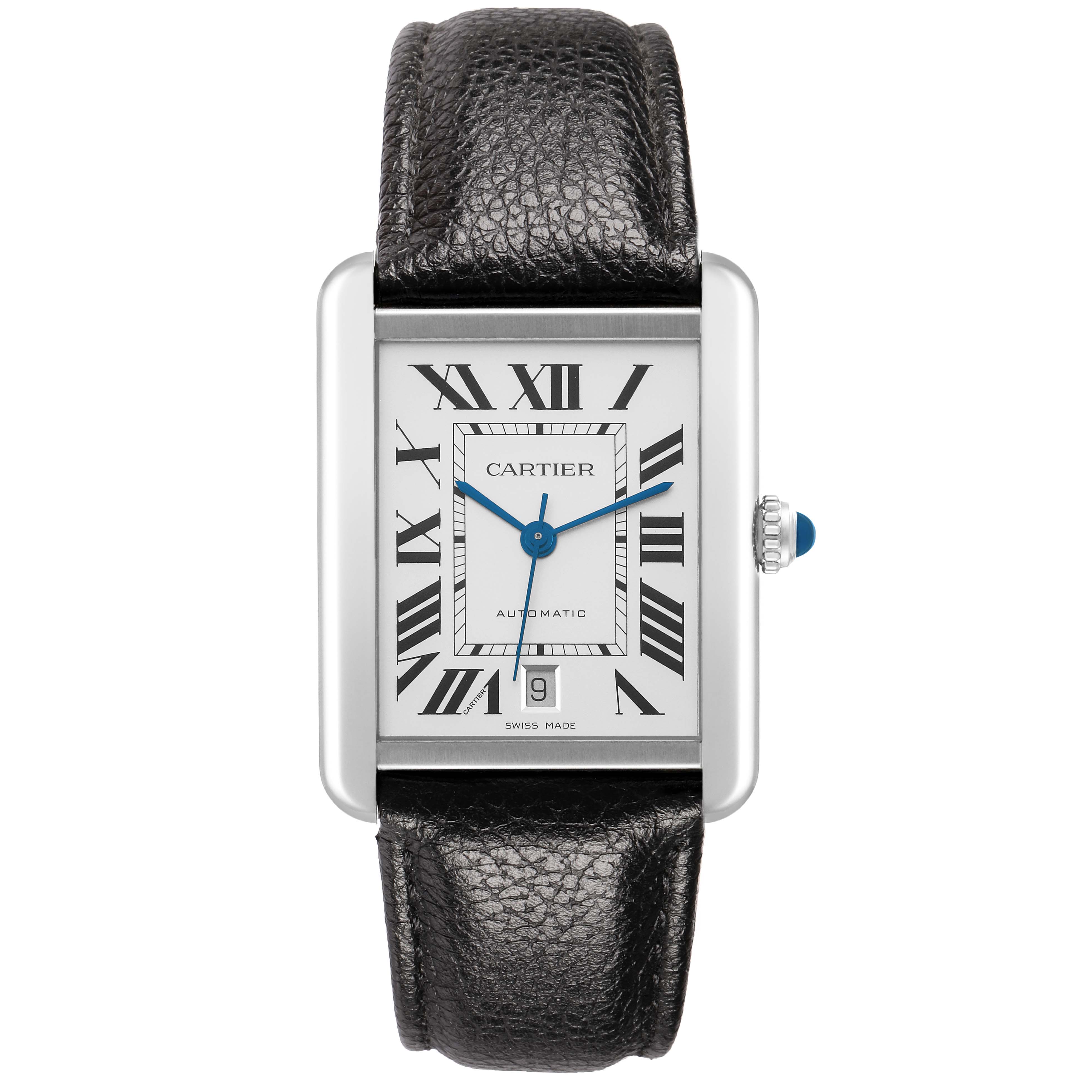 The Cartier Tank Solo 73949 Men
s Stainless Steel Silver Dial watch is shown from the front, highlighting its rectangular face, Roman numerals, and leather strap.
