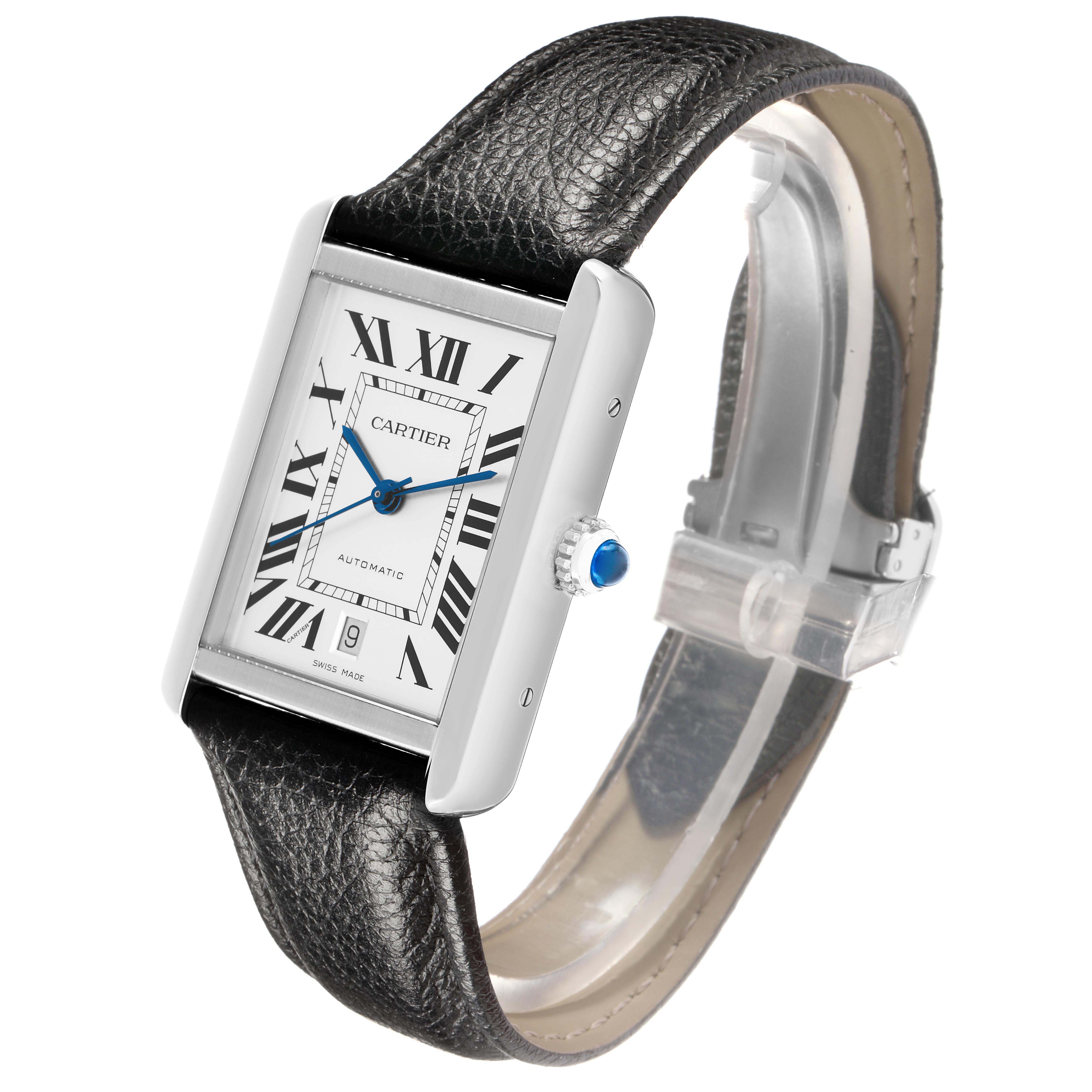 The Cartier Tank Solo 73949 Men
s Stainless Steel Silver Dial watch is shown at a three-quarter angle, highlighting its rectangular face, black leather strap, and the side crown.