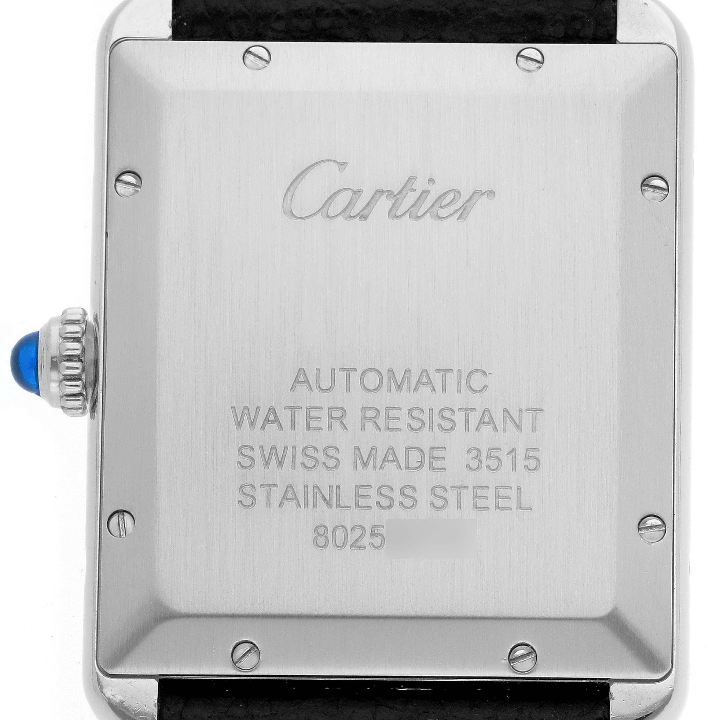 The image shows the back of the Cartier Tank Solo 73949 Men
s Stainless Steel Silver Dial watch, including the inscription and side view of the crown.